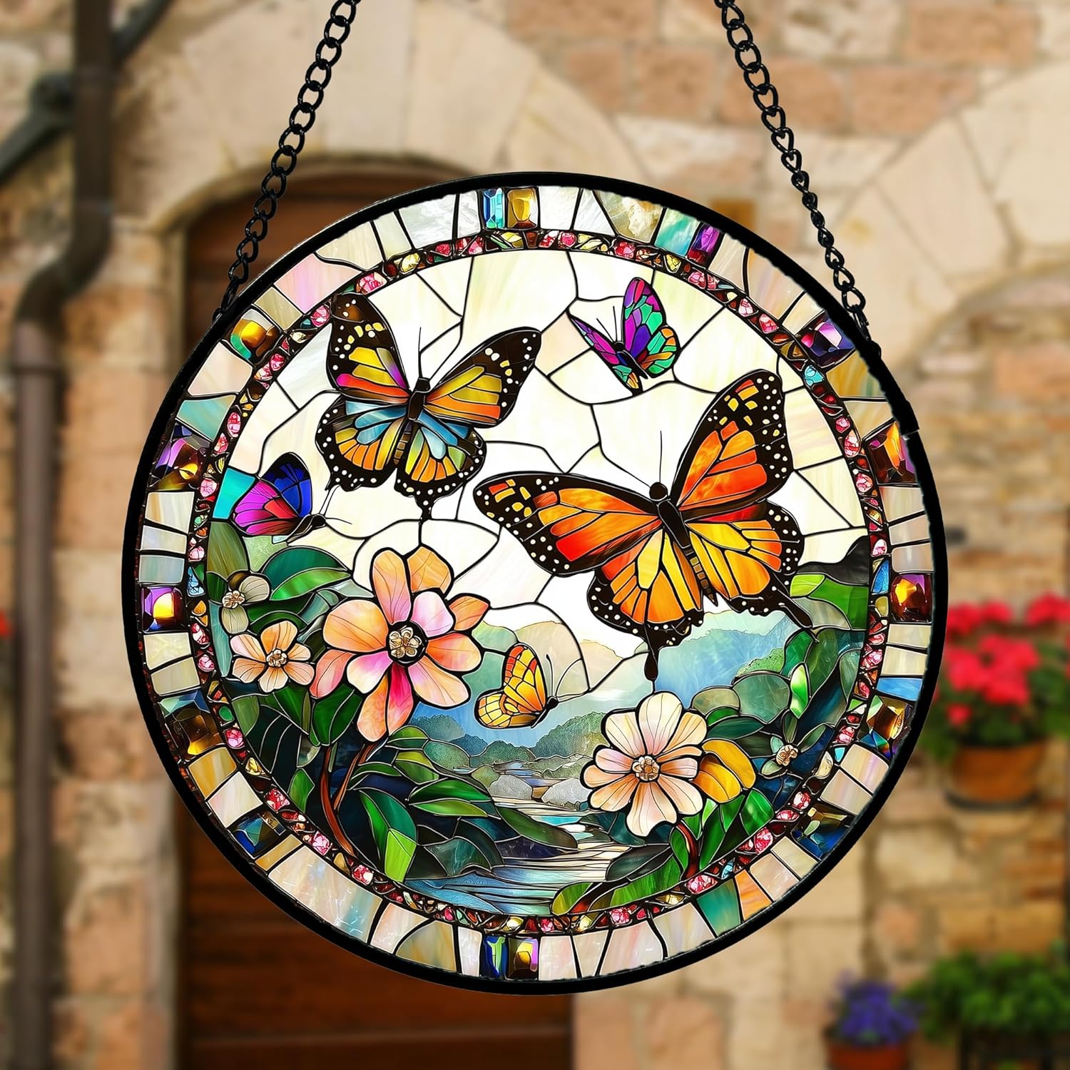 Stained Glass Window Hanging, Butterflies Flying in The Sky Suncatcher for Doors Home Sun Catchers Decoration and Christmas, Mother's Day Birthday Gifts for Women, Men, and Mom 7.8 in - Image 5