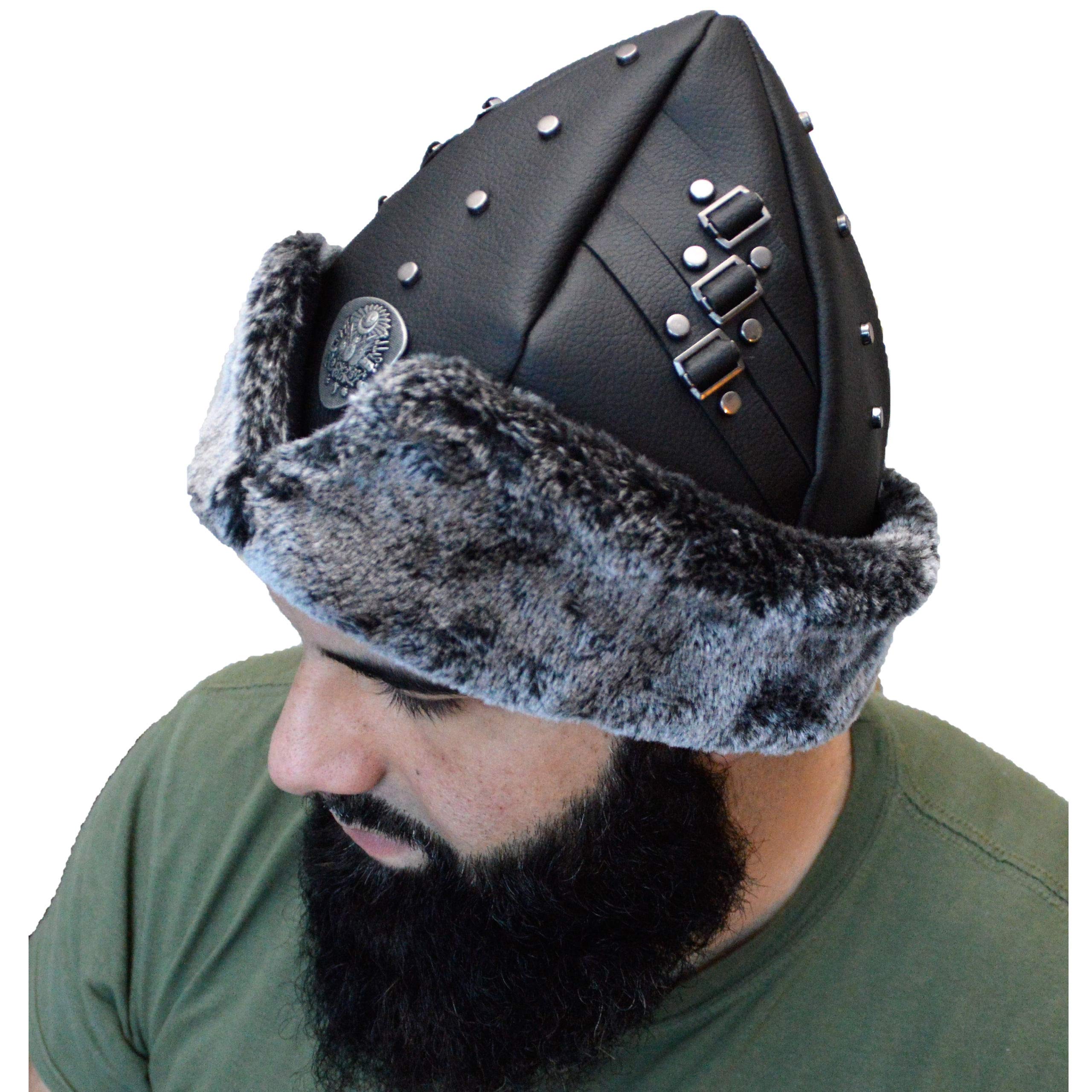 IYI Ertugrul Alp Hat Faux Fur Silver Logo - Decorated with Buckles & Strings - Plain Styles Ottoman Warrior Winter Warm Cosy Bork Russian Hat Turgut Bamsi Turkish Kayi Seljuk