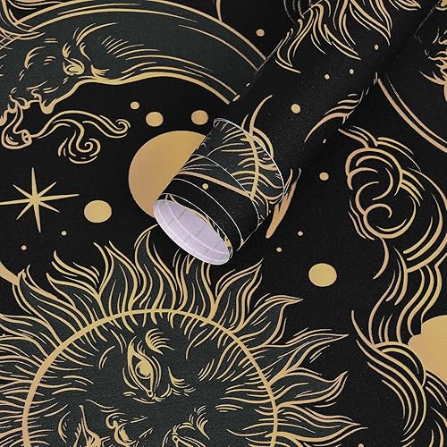 Miniatura 5 de WENMER Celestial - Papel tapiz adhesivo de 17.3 x 118 pulgadas, color marrón oscuro y amarillo, papel tapiz autoadhesivo con diseño de sol, luna,