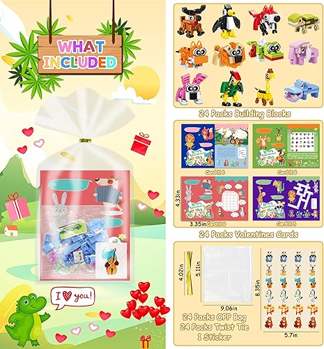 Miniatura 4 de Regalos para el día de San Valentín para niños, 24 paquetes de bloques de construcción de animales con 24 paquetes de tarjetas de San Valentín para