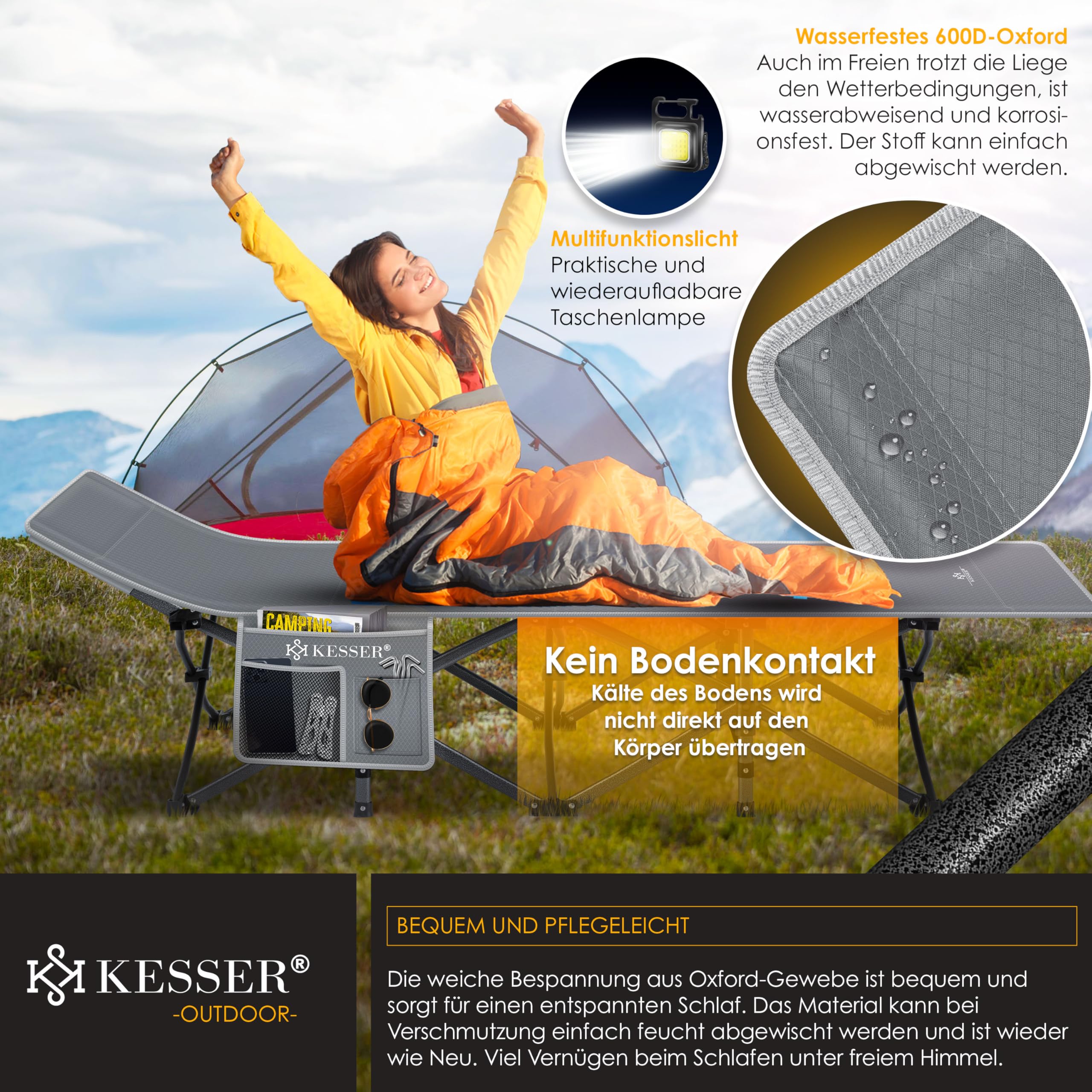 KESSER® Łóżko kempingowe, składane, w tym torba do przenoszenia + kieszeń boczna, stabilne łóżko polowe, 250 kg, metalowa rura, tkanina Oxford 600D, przenośne, podróżne, wygodne