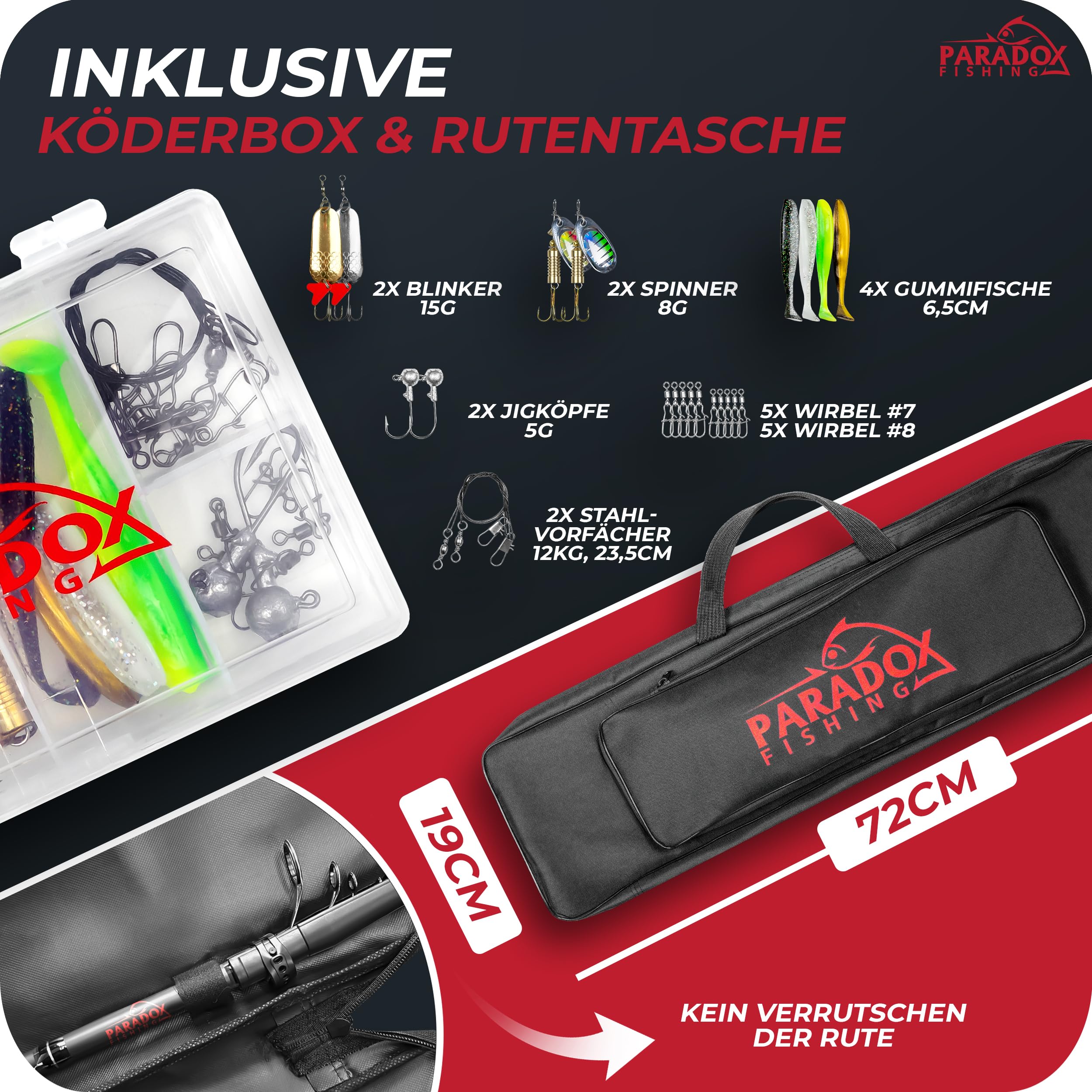 Paradox Fishing Angelruten Set zum Spinnfischen 2,1m/2,4m/2,7m I Teleskop-Rute mit Rolle, Ködern, Angelzubehör und Angel-Tasche I Angel Set – Angel-Set komplett