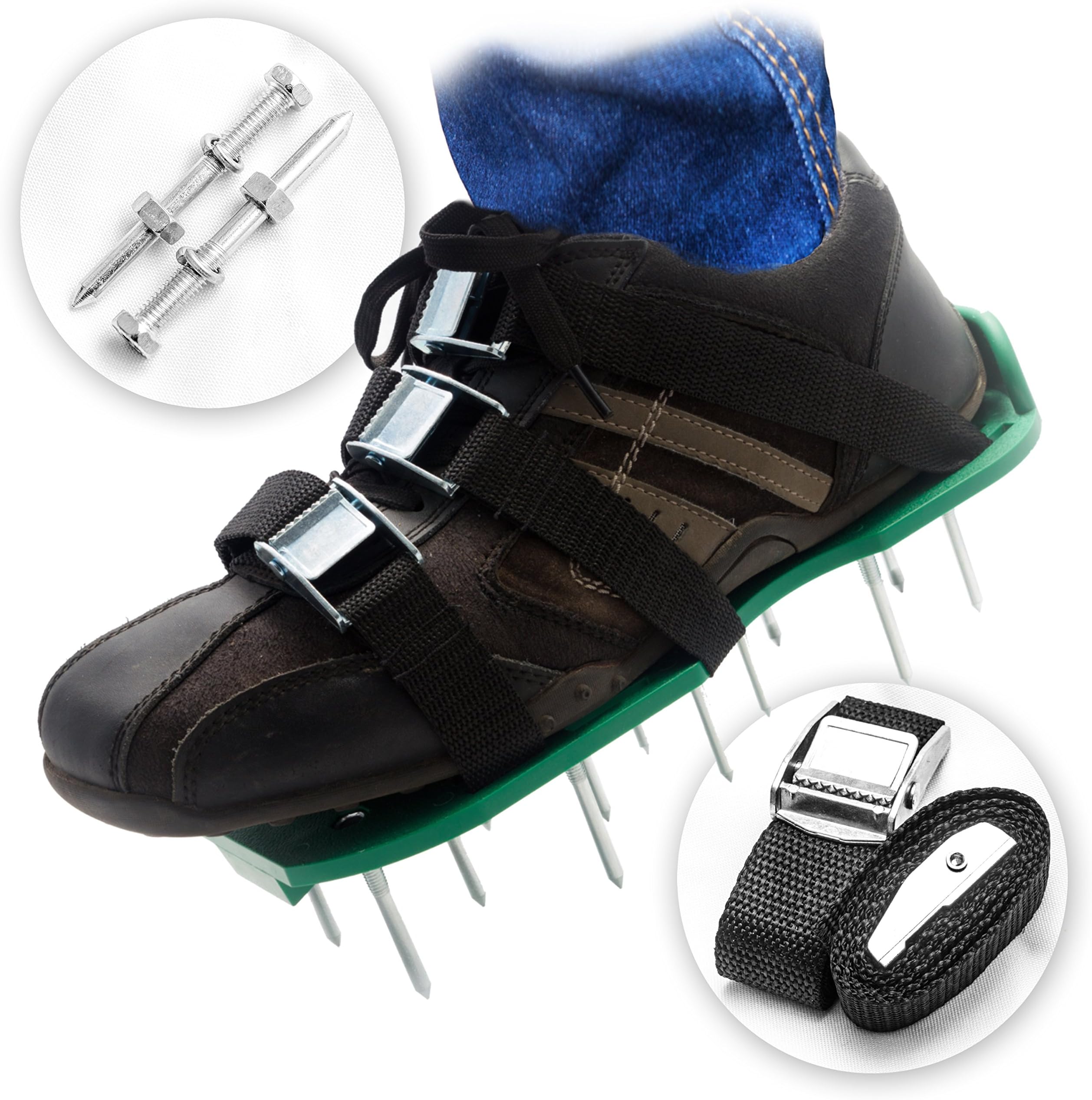 Pre Assembled Lawn Aerator Shoes with 4 Adjustable Straps | Ready to Use Premium Grass Aeration Sandals with Heavy Duty Metal Buckles & Secure Steel Spikes | 4th Strap, Extra Hardware & Instructions