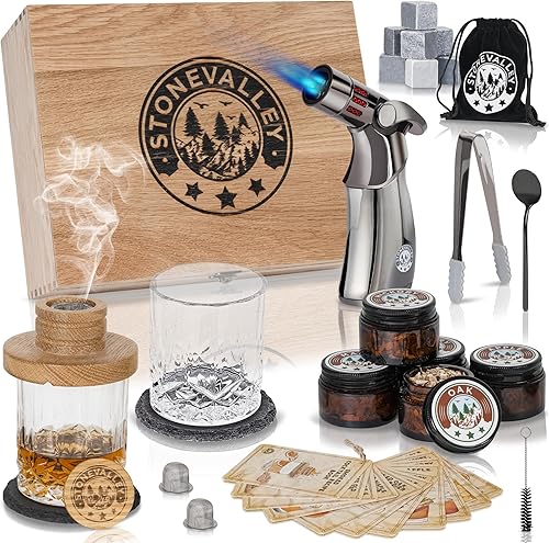 Kit de ahumador de cóctel prémium con antorcha  Juego de ahumador de whisky de roble americano, 5 sabores de virutas de madera, vasos de moda,