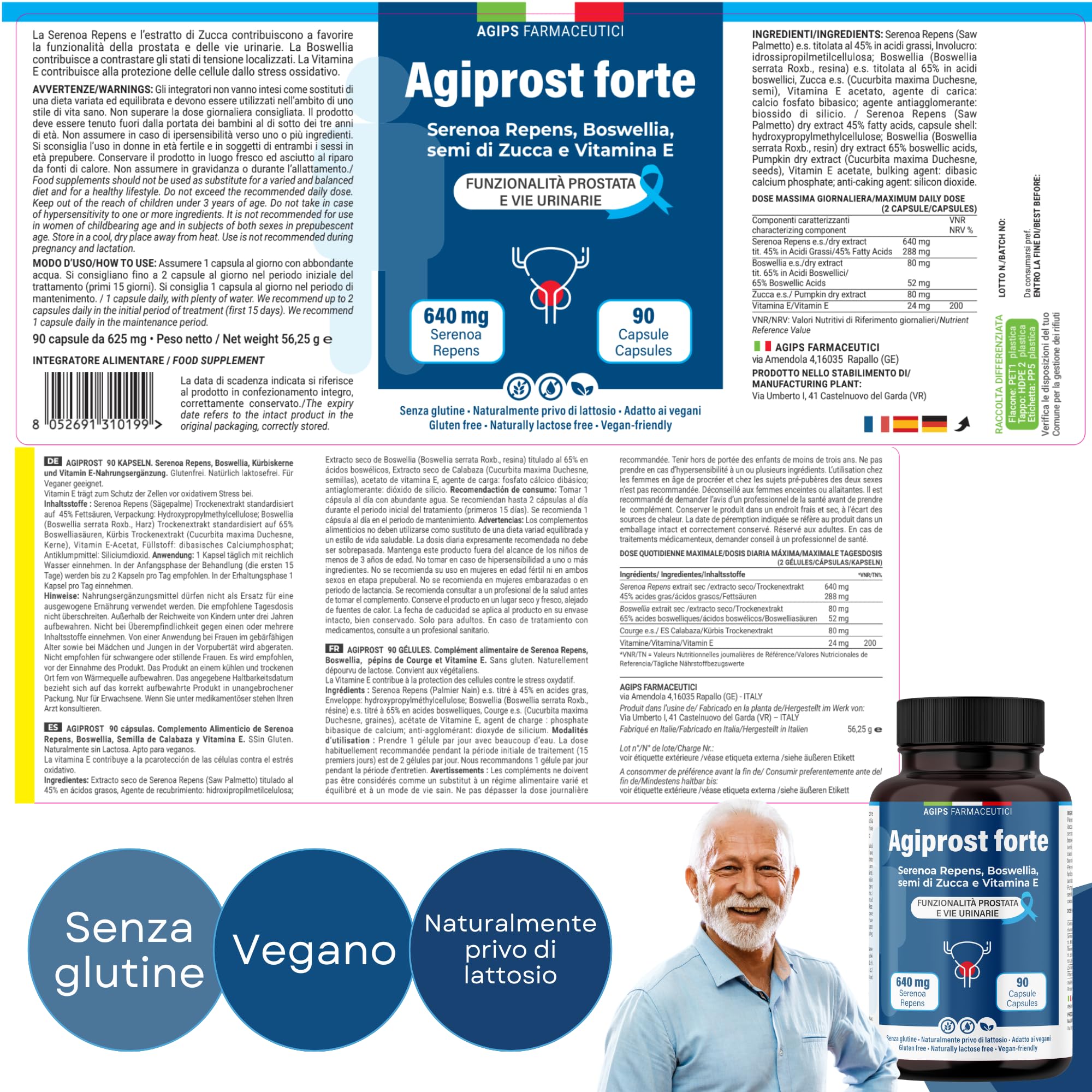 Integratore prostata 640mg SERENOA REPENS | Saw Palmetto Integratore per la Prostata e vie urinarie con Estratto di Zucca e Vitamina E 90 Capsule AGIPROST
