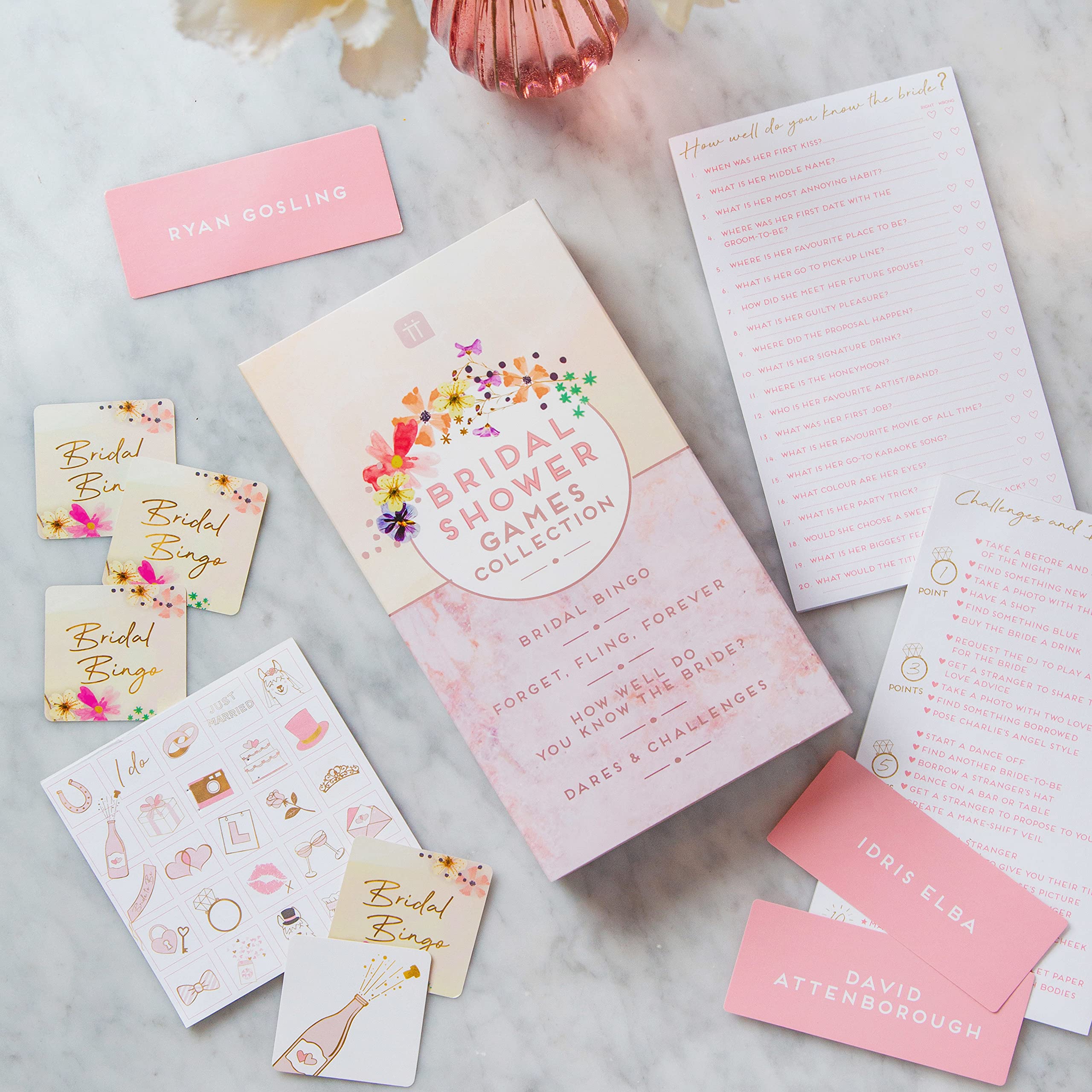 Talking Tables Four Fun Games to Play Before The Big Day Pack Includes:  Bridal Bingo Calling, 25 Score Sheets Forget, Fling, Forever – 50 Cards s  How Well do You Know The