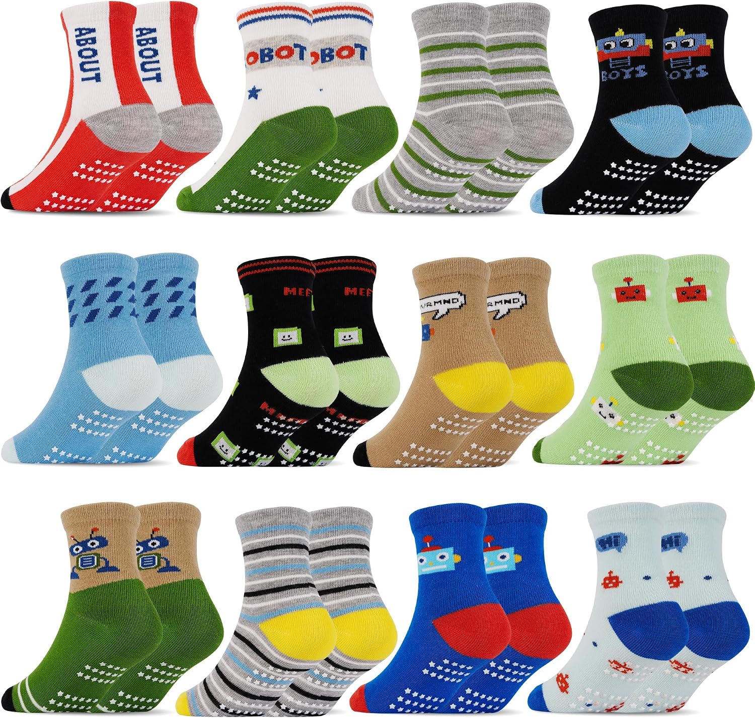 SkiBeaut Toddlers Kids Non Slip Socks Grips Sticky Slippery Crew Socks for 1-7 Years Old 12 Pairs Children Boys Girls Socks