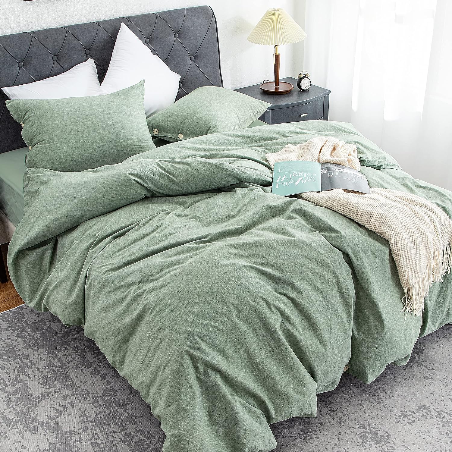 viewstar Duvet Cover Set 3 Piece (King，Green),100% Washed Cotton Luxury Soft Breathable Durable Bedding Set with Button Closure(No Comforter)