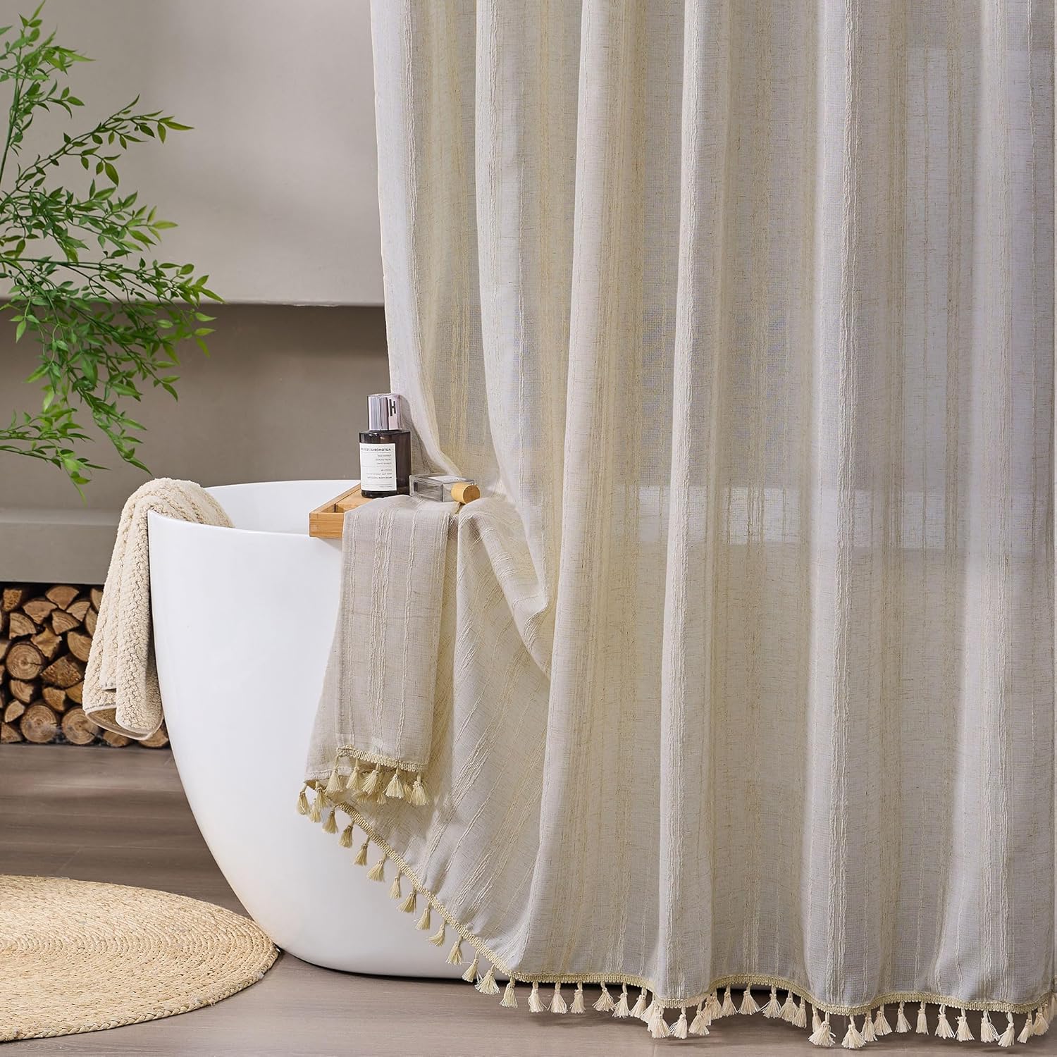 Siiluminisoy Neutral Linen Shower Curtain Beige Boho Shower Curtain for Bathroom Rustic Striped French Country Shabby Chic Shower Curtains, 72” x 72“