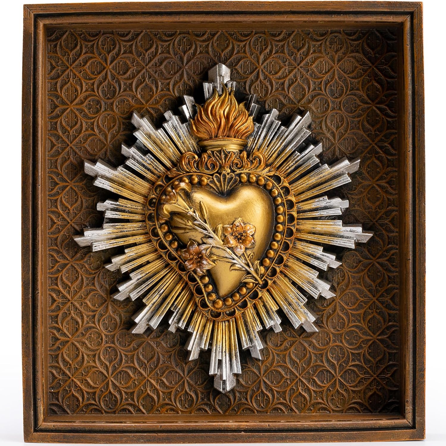 DevotedWalls Most Chaste Heart of St Joseph Framed Wall Decor, 7.2 Inch Antique Gold Catholic Art, Lily Purity Patron Father Gift Religious Decor