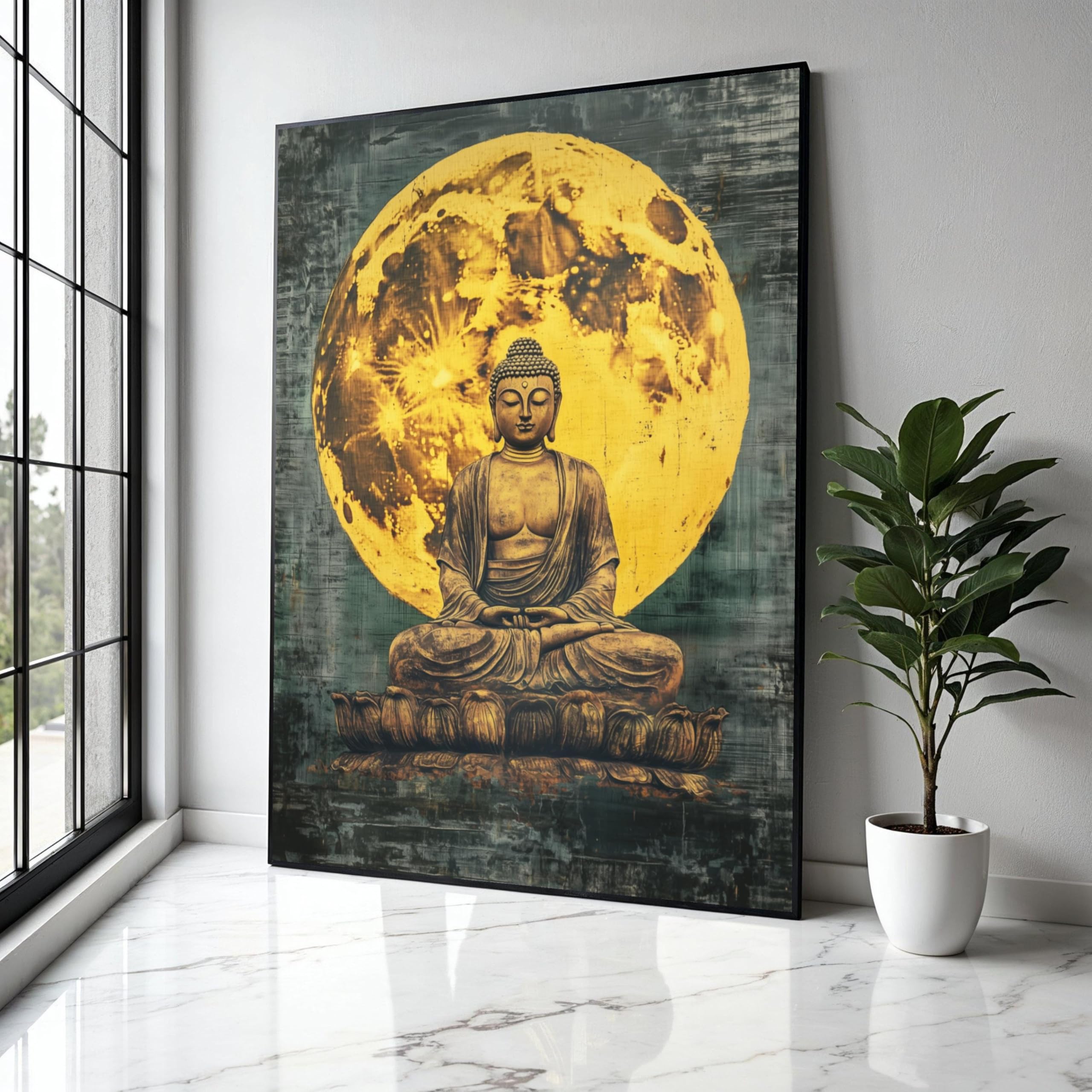 YUSUZHU Stampa su tela raffigurante la statua del Buddha in meditazione, sfondo con luna piena, decorazione zen spirituale, dipinto per sala yoga, stampa per arredamento (50x75 cm/cornice interna)