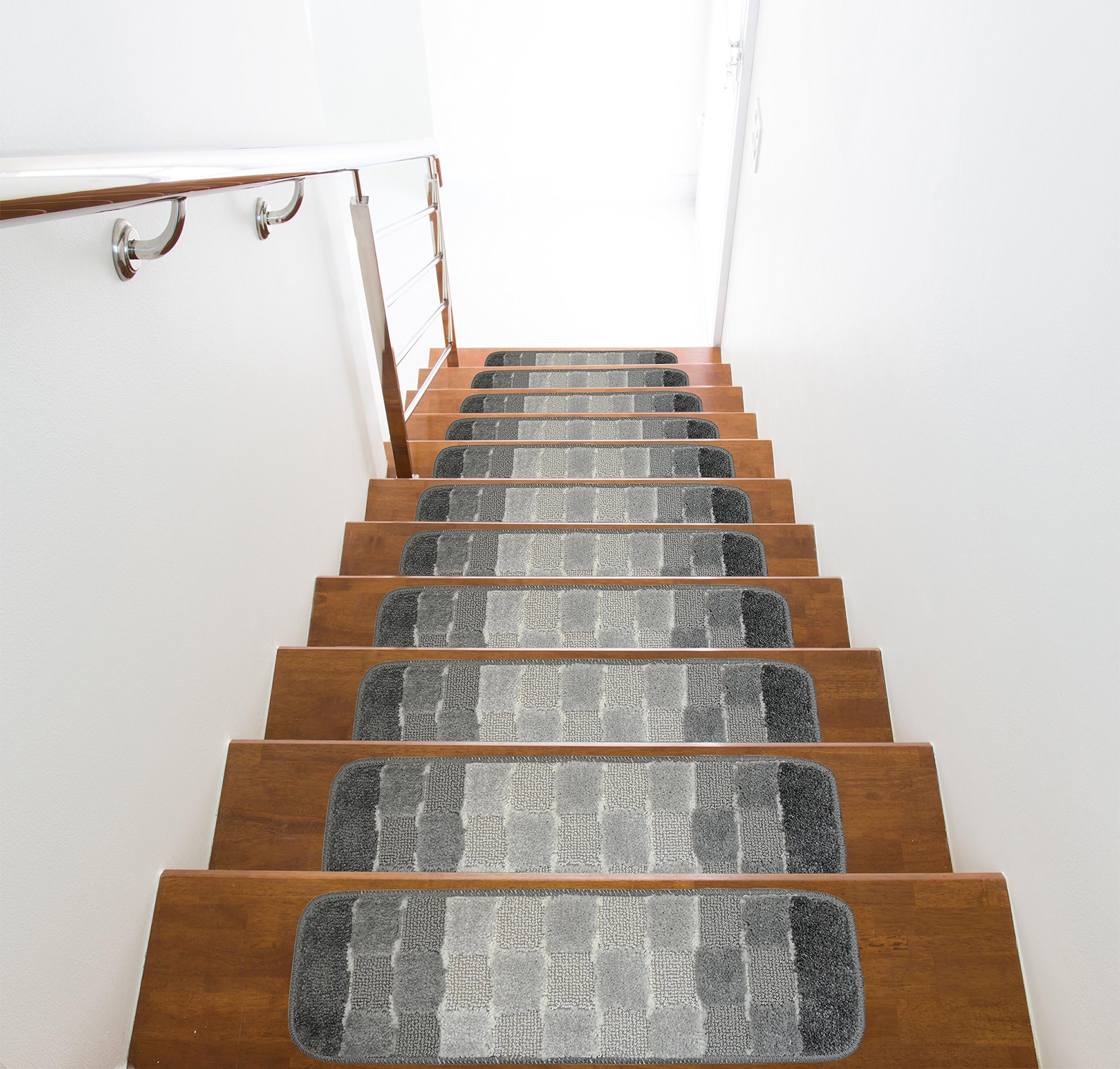 Washable, Slip Skid Resistant Rubber Back Stair Tread Mats, 9 inch by 28 inch, Checkered, Grey, Set of 13