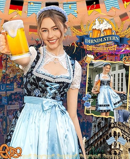 DIRNDLSTERN Damen Dirndl Hellblau - Trachtenkleid Mit Flügelärmel