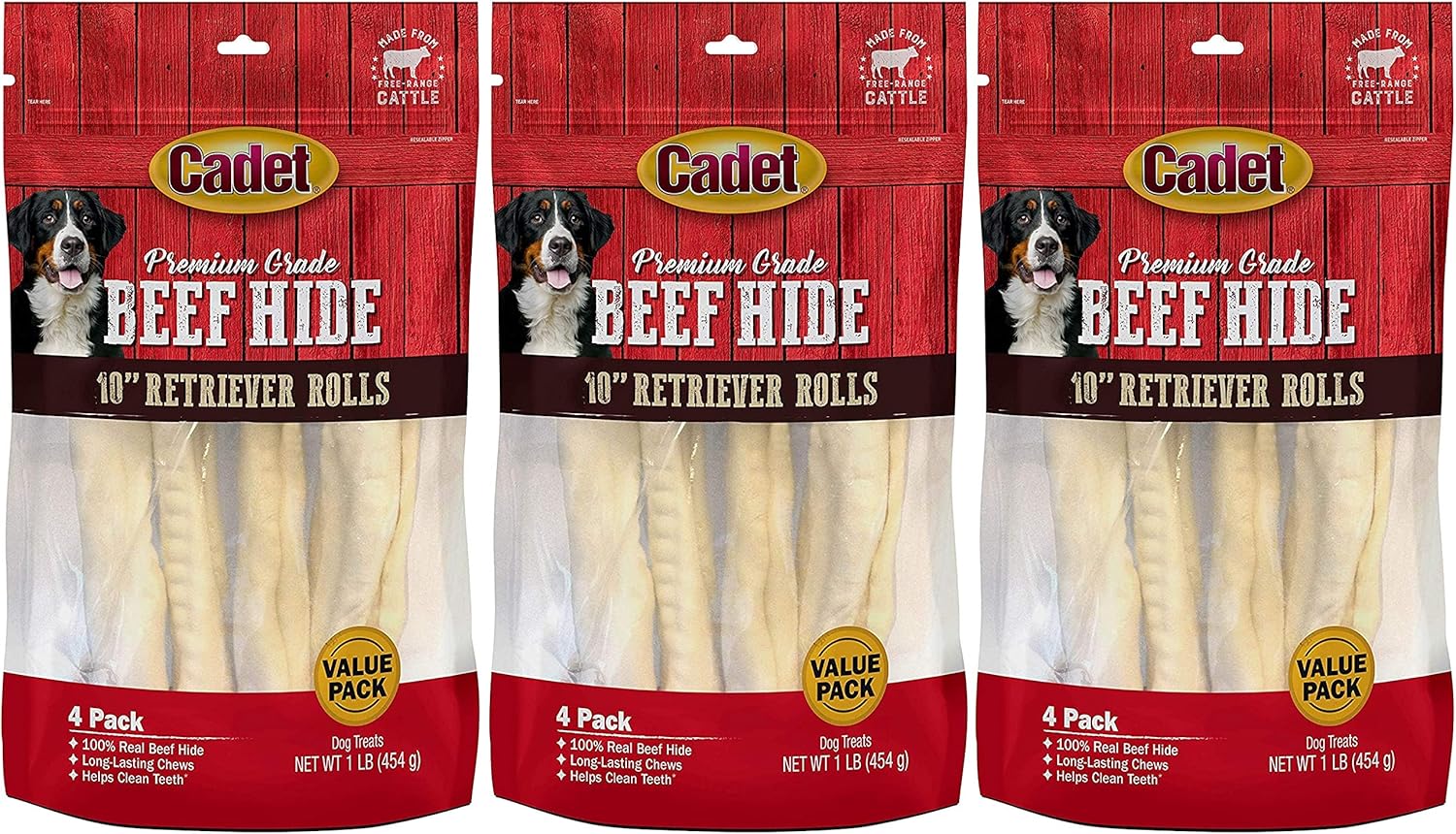 Cadet 3 Pack of Premium Grade Beef Hide Retriever Rolls, 4 10-Inch Dog Chews Each3