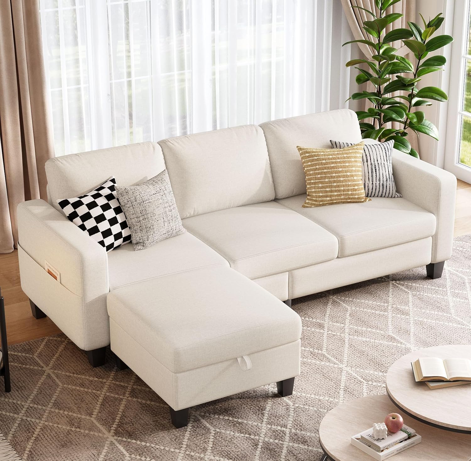 78" L Shaped Sectional Couches for Living Room - Reversible 3-Seat Beige Sofa with Storage Ottoman for Small Living Room, Apartment & Dorm - High Density Foam & Spring, Side Pockets
