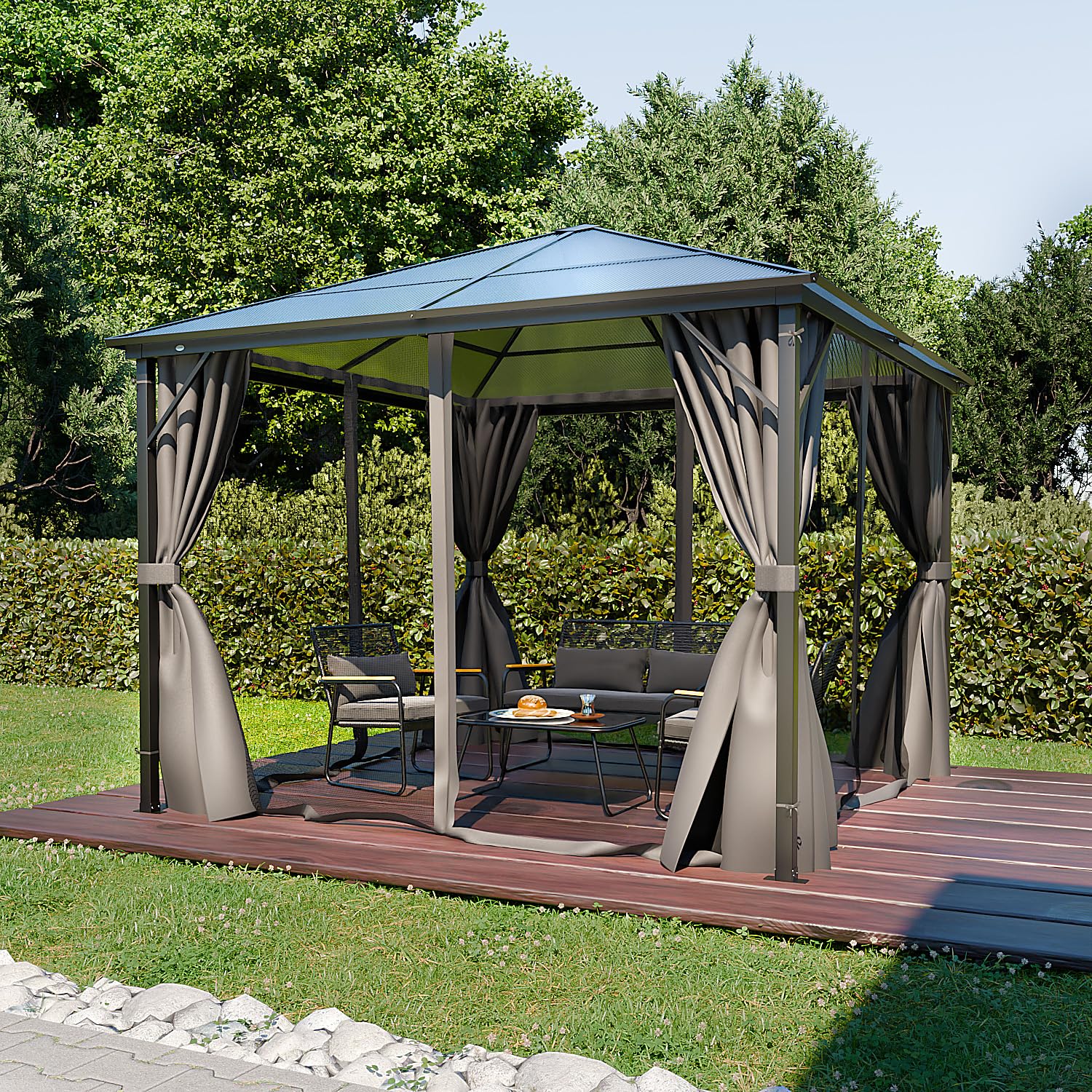 GARMIO® Pavillon 3x3m Garten Überdachung mit Polycarbonat - Dach & Moskitonetz, Seitenteile wasserdicht in anthrazit, mit Metallgestell & Aluminiumrahmen, für Outdoor