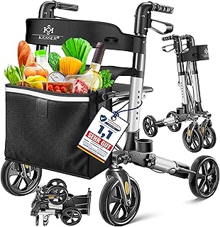 KESSER Leichtgewicht Rollator faltbar mit Sitz, Griff, Tasche, schmal für Senioren Wohnung, Klappbar, Höhenverstellbar, Reflektoren | All Gelände Reifen Indoor-& Outdoor, Gehhilfe, Laufhilfe, Schwarz