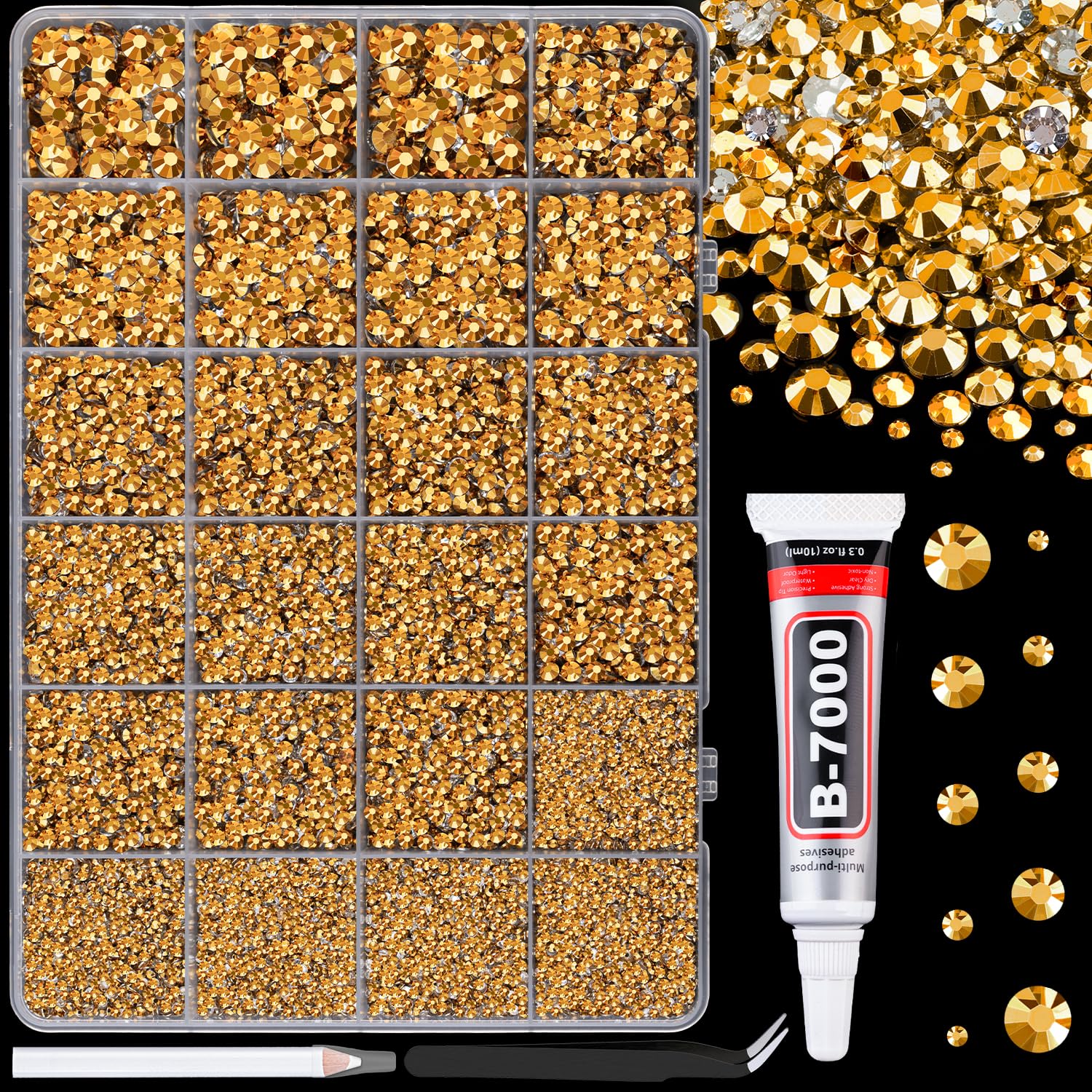 TINKRSTUFF Gold 25000pcs Resin Rhinestones with Glue & Tools | Mixed Size Flatback Gems for Crafts - main product image