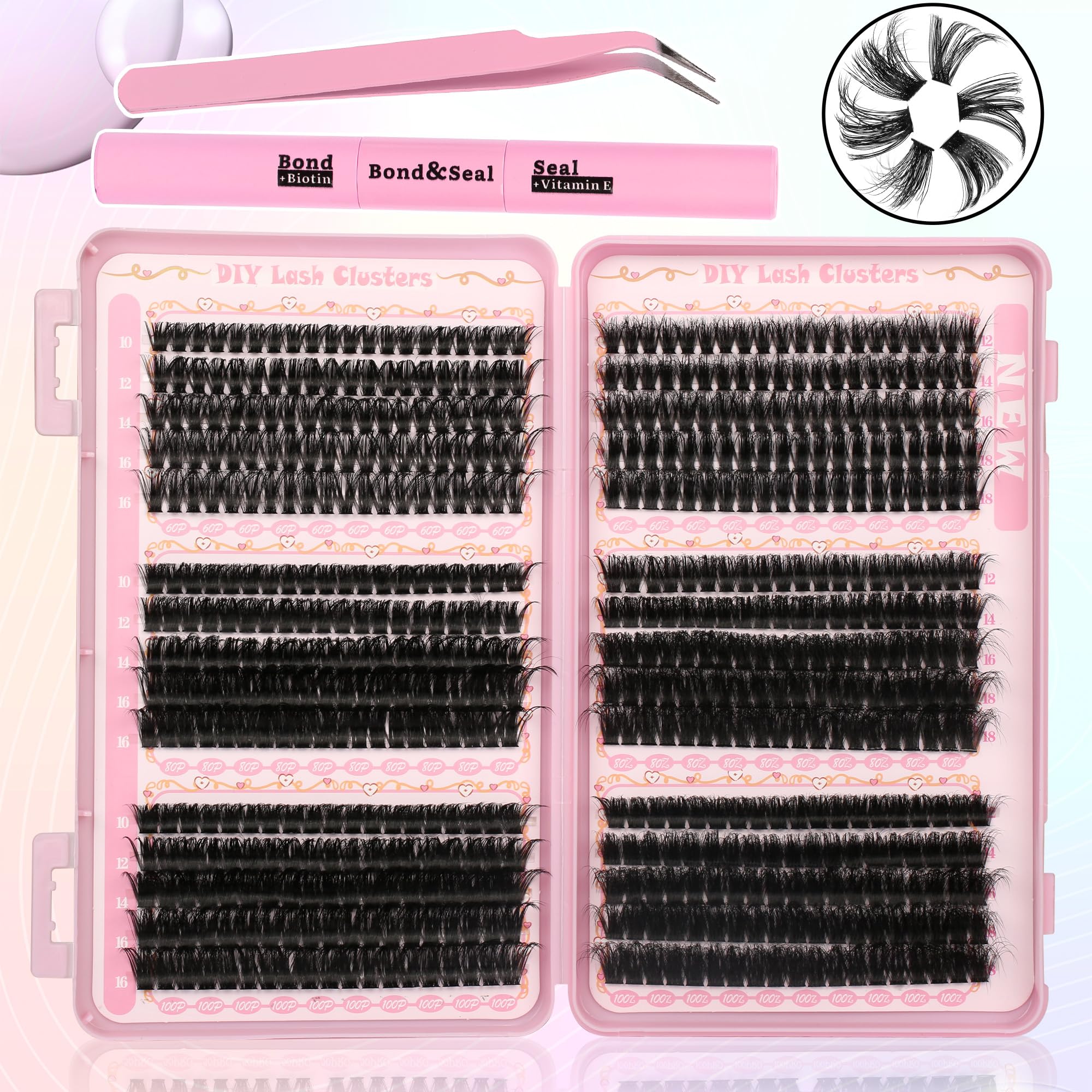 Gmagictobo Lash Clusters Fluffy Volume Eyelash Clusters 590Pcs Cluster Eyelash Extensions DIY Lashes Clusters Lash Bond and Seal Lash Tweezers