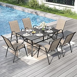 PHI VILLA 7-teiliges Gartenmöbel Set, Terrassenmöbel Outdoor mit 1 Rechteckig Gartentisch und 6 Textilene Stapelstühlen, Wetterfest E-Beschichtung Metall Gartenset für Hinterhof Veranda Poolbereich
