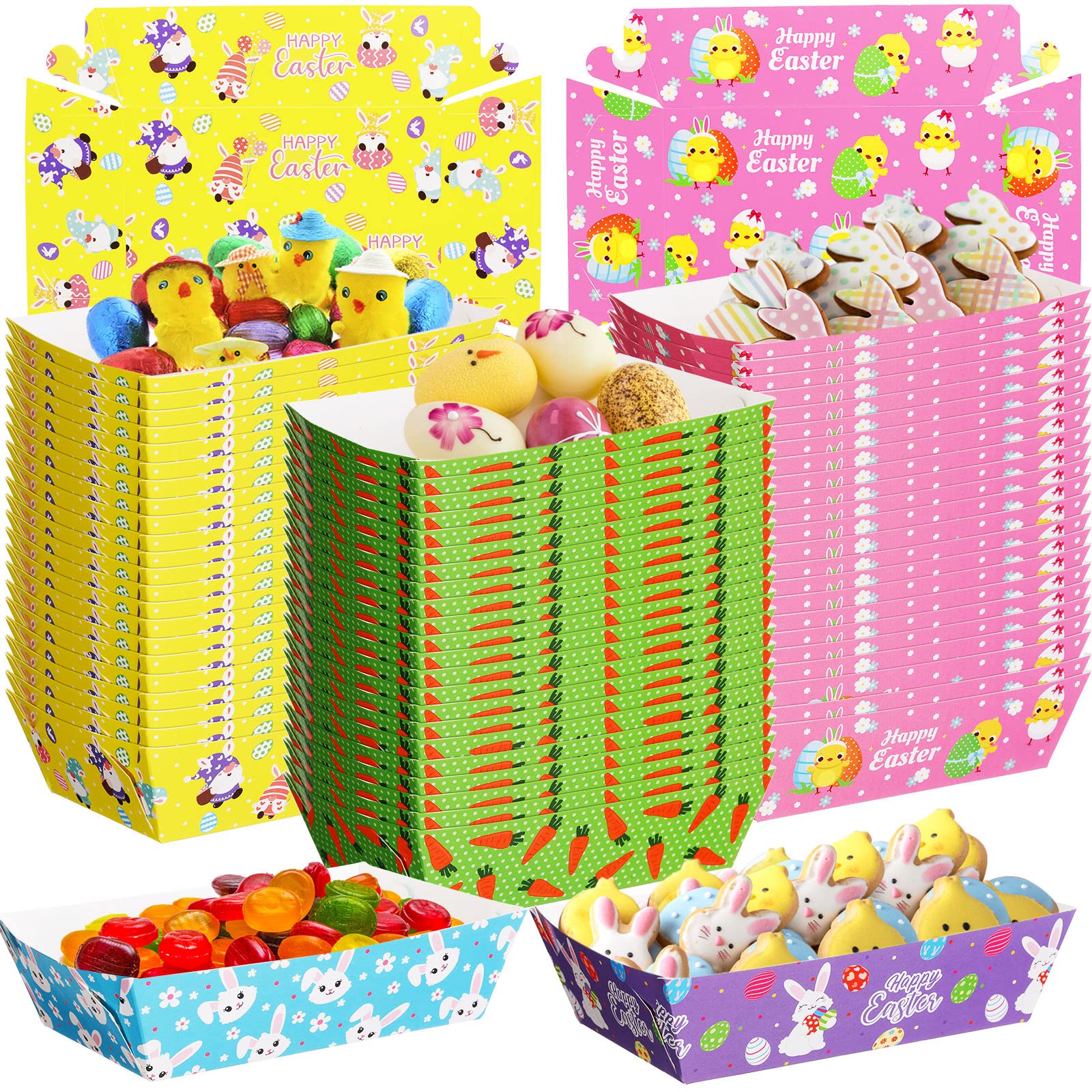 Photo 1 of (BUNDLE OF TWO) 60 Pack Easter Paper Food Trays Nacho Trays, Happy Easter Decorations Snack Candy Holder Trays Disposable Serving Trays for Easter Party Supplies Cute