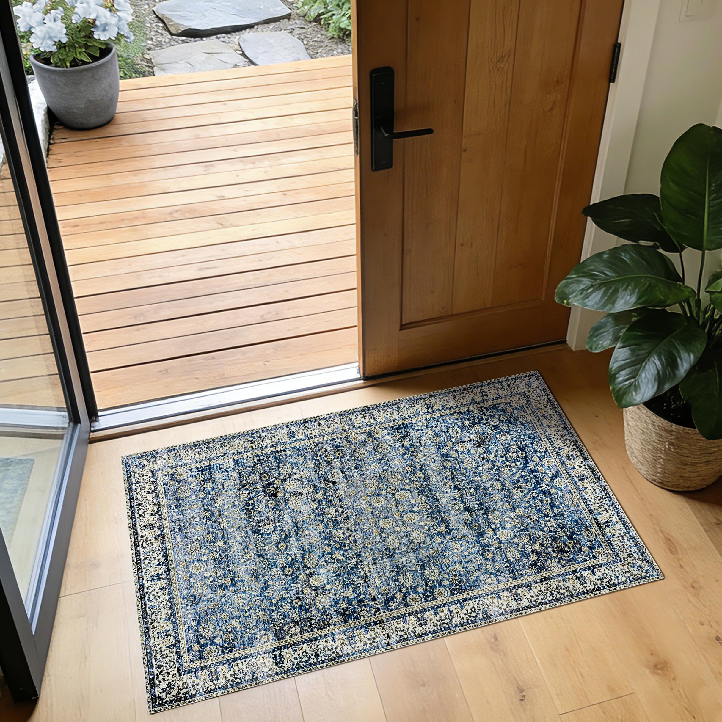 BILEEHOME Vintage Blue Kitchen Rugs 2x3 Dark Blue Distressed Low Pile Area Rug for Entryway Bathroom Washable Non Slip Boho Retro Floral Carpet for Side of Bed Entry 2 x 3 โ image 1