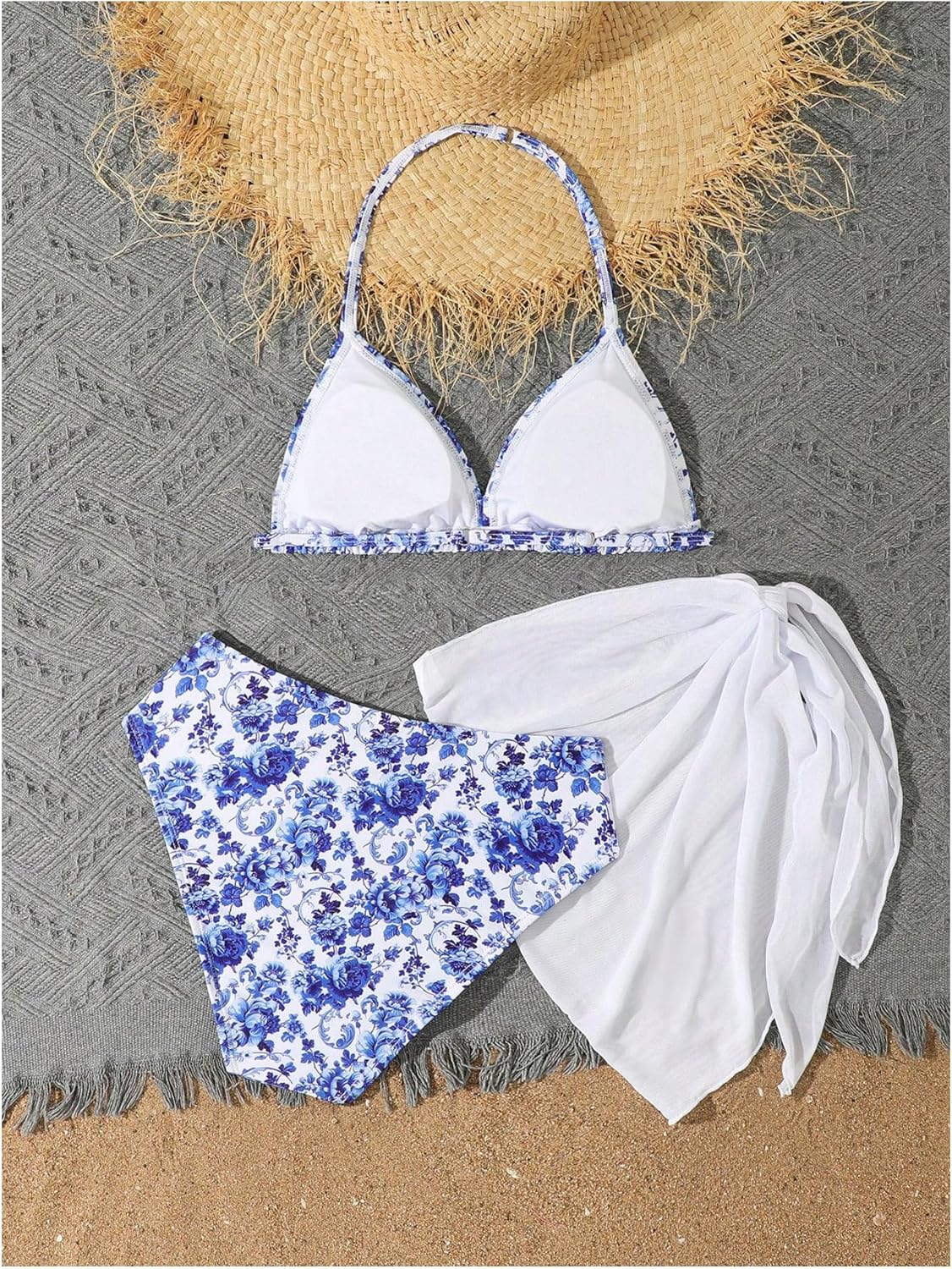 Girl's 3 Piece Floral Print Halter Triangle Bikini Set Cute Swimsuits with Cover Up Beach Skirt - Image 2