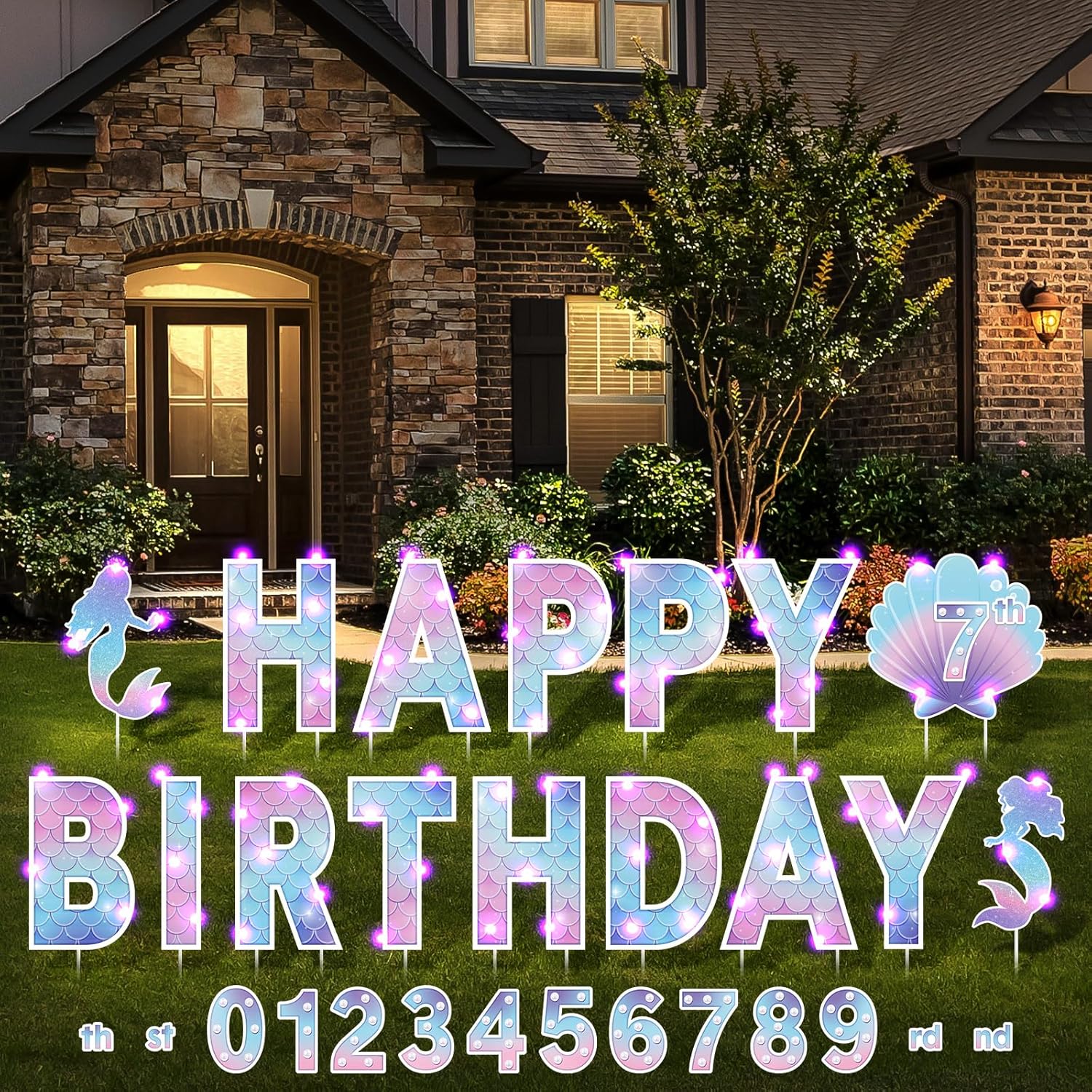 Yerliker 16 Pcs Happy Birthday Yard Signs with Stakes, 32.8 ft LED Lights, 42 Pcs Number Stickers, 13.4 Inch Letters Signs for Birthday Party Supplies Yard Lawn Outdoor Decoration(Mermaid)