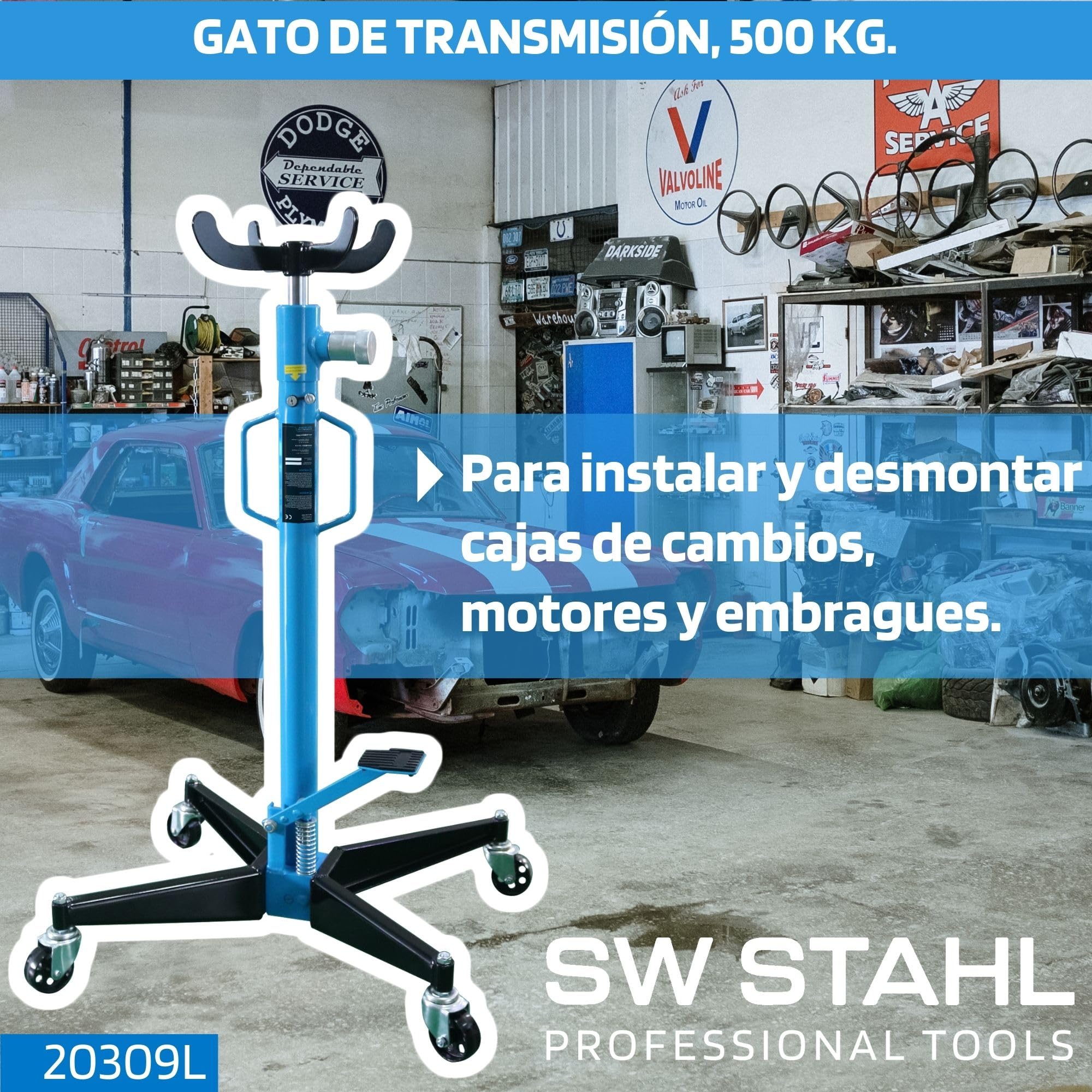 SW-Stahl 20309L Elevador de Engranajes, Gato de Foso y Motores de 500 kg | Altura 111-194 cm, bomba de pie hidráulica, piston de 30 mm, 4 ruedas giratorias y llenado de aceite ISO VG 32