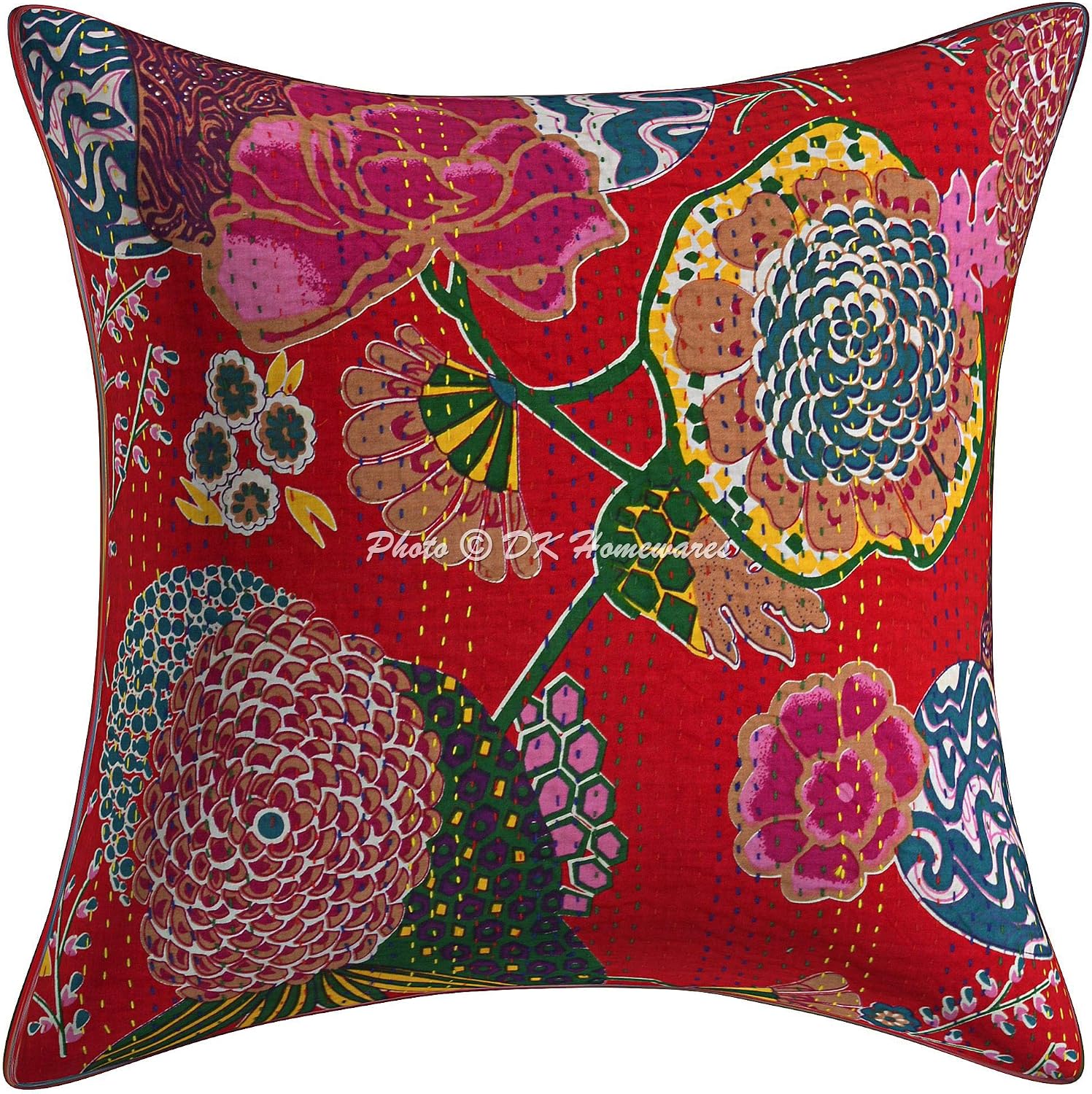 Indian Decorative Couch Throw Pillowcases 16 Inch Cotton Kantha Tropicana Bohemian Square Toss Cushion Covers (Size - 40x40 cm ; Color: Red) - Set of 2 Pcs (Cover Only)