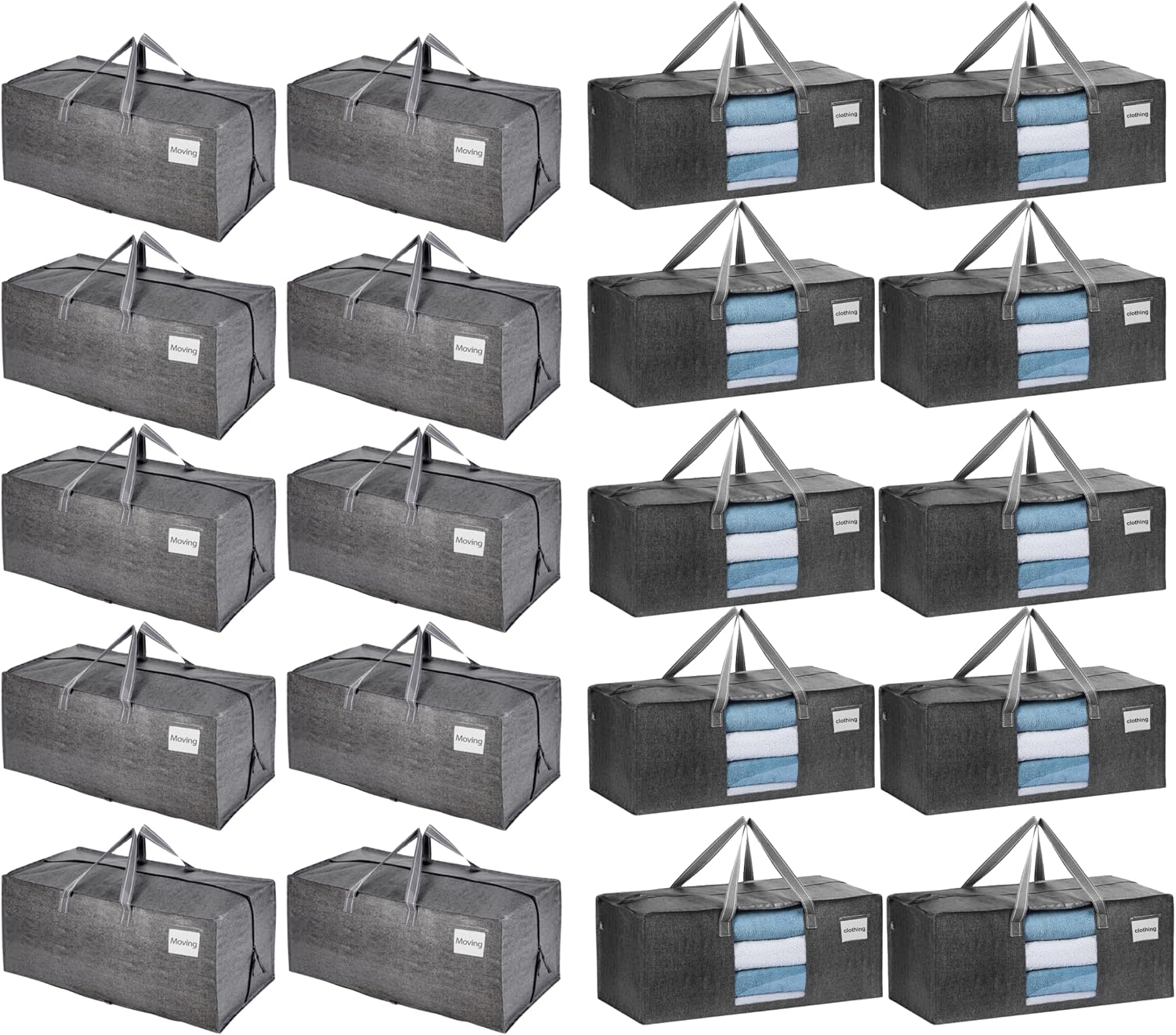 VENO 20 Pack Moving Bags (10 with Backpack Straps + 10 with Window)