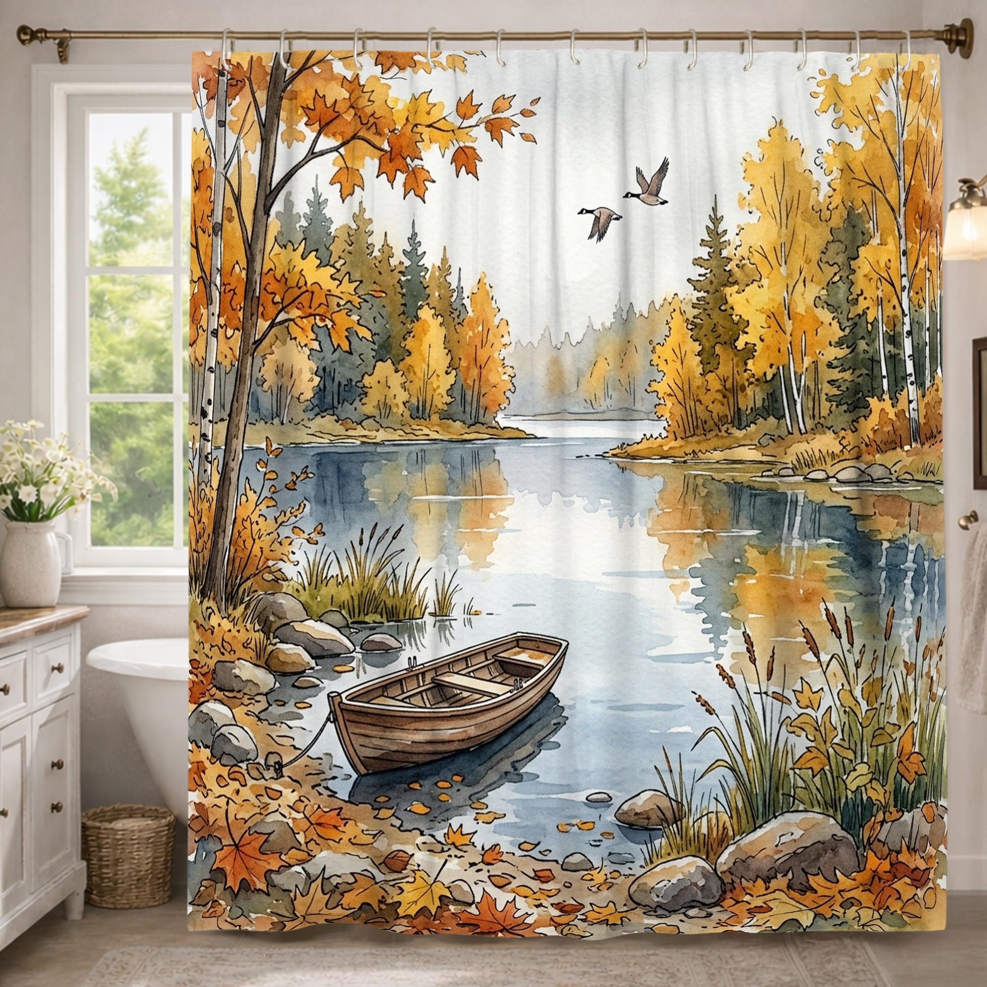 Rideau de douche extra long décor nature et forêt orange pour une salle de bain d'amis