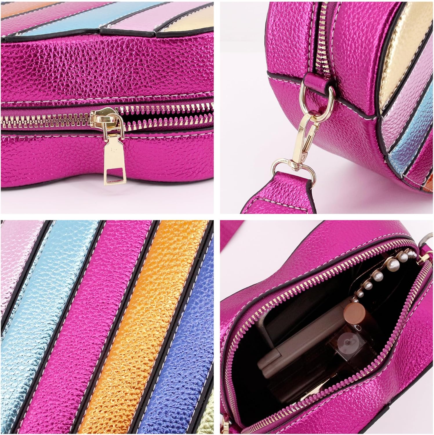 Naimo Womens Heart Shape Bag Rainbow Stripe Purse Crossbody Bags PU Leather Metallic Shoulder Chain Bag