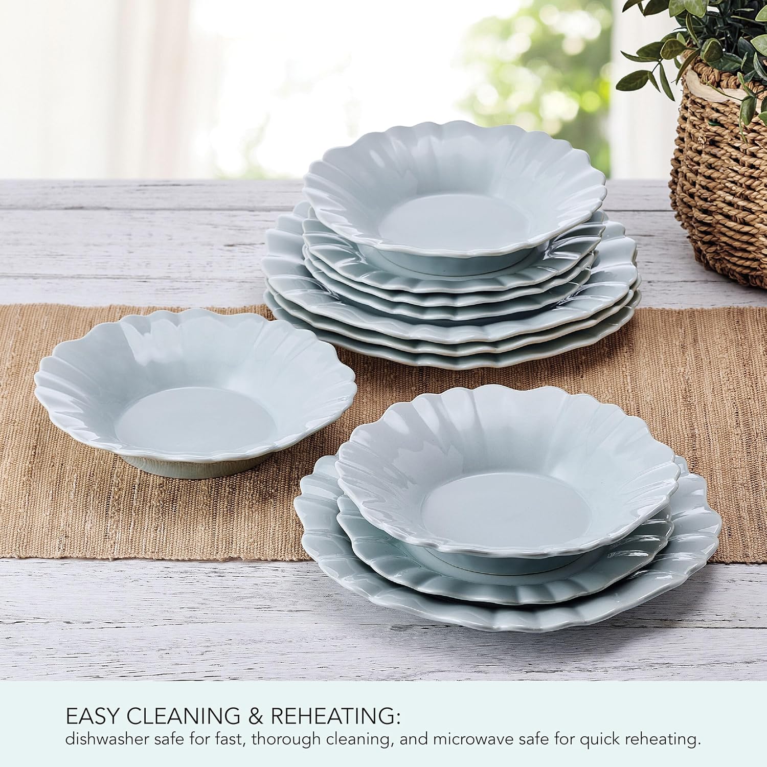 Pfaltzgraff Graceful Petals 12 Piece Stoneware Dinnerware Set, Service for 4, Scalloped Plates Bowls for Everyday Use, Blue - Image 5