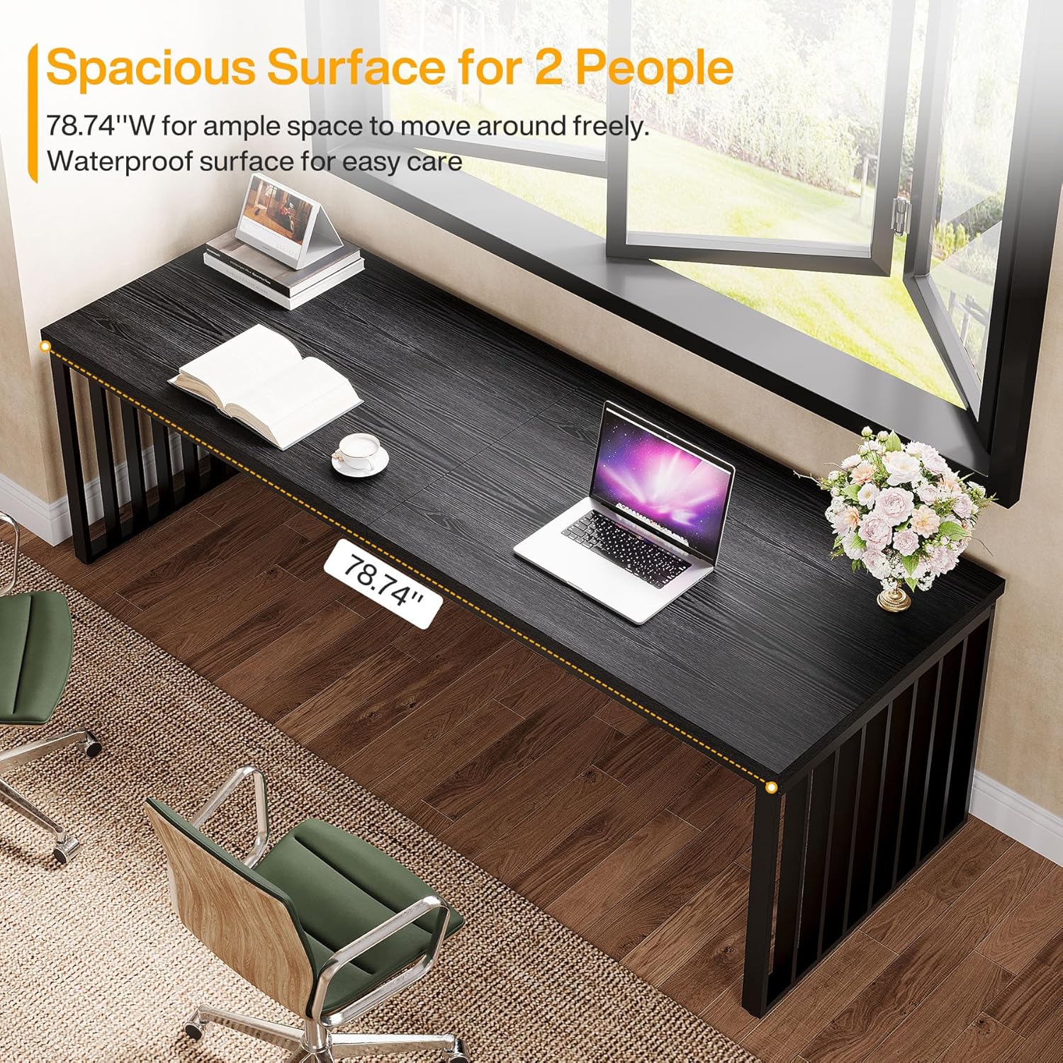 Tribesigns 78" Computer Desk, Extra Long 2-Person Desk with Metal Legs, Double Writing Table with Spacious Space, Industrial Wooden Office Desk, Large Study Desk Workstation for Home Office (Black)