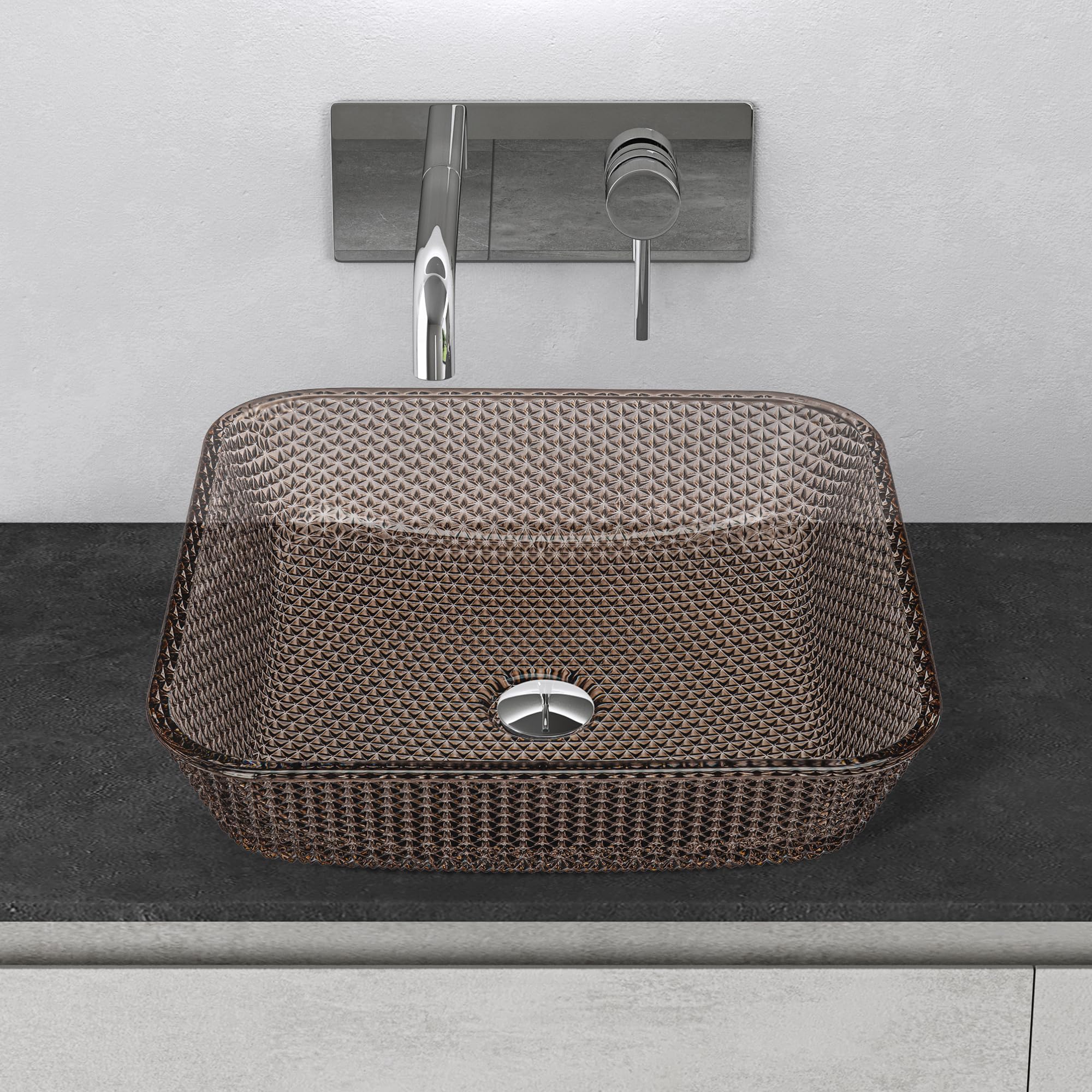 Mai & Mai Lavabo da Appoggio in Vetro 40x40x11cm Caffè, Minerva03 | Vetro Temperato, Lavandino Bagno da Appoggio Rettangolare, Stampaggio Monopezzo, Bordi Sottili, Facile da Pulire