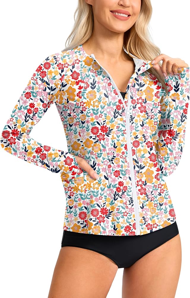 Women's Rash Guard UPF50+ SPF UV Protection Long Sleeve Swimsuit Top with Pockets Zip Front Swim Shirts Woman