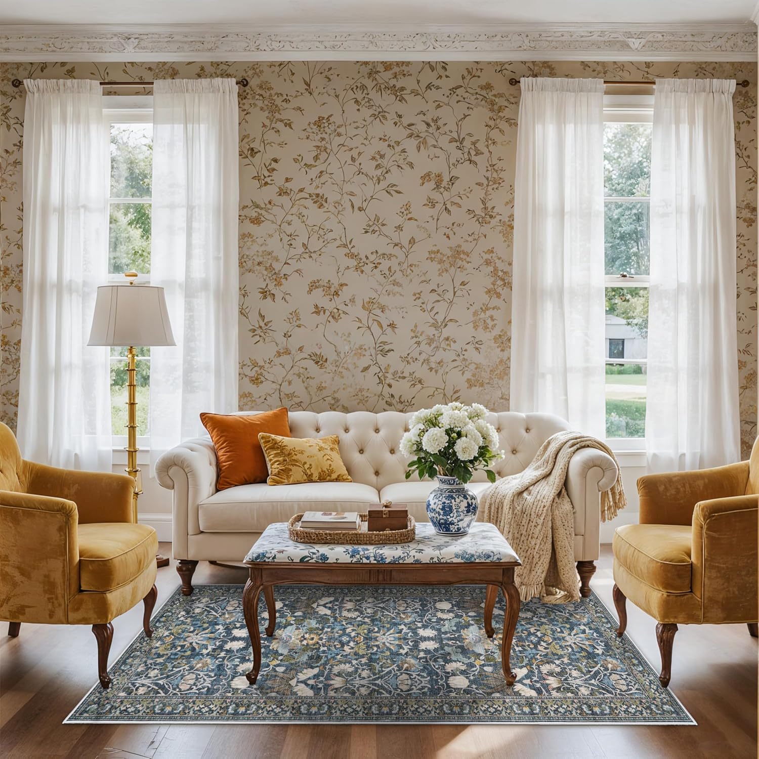 3x6 Washable Entryway Area Rugs: Vintage Easy to Clean Kitchen Rug Runner Soft Non Slip Floor Mat Indoor Farmhouse Carpet for Bathroom Living Room Bedroom Printed Hallway Runners(3x6 Floral/Blue) 3' x 6' (Rectangular) Floral/Blue