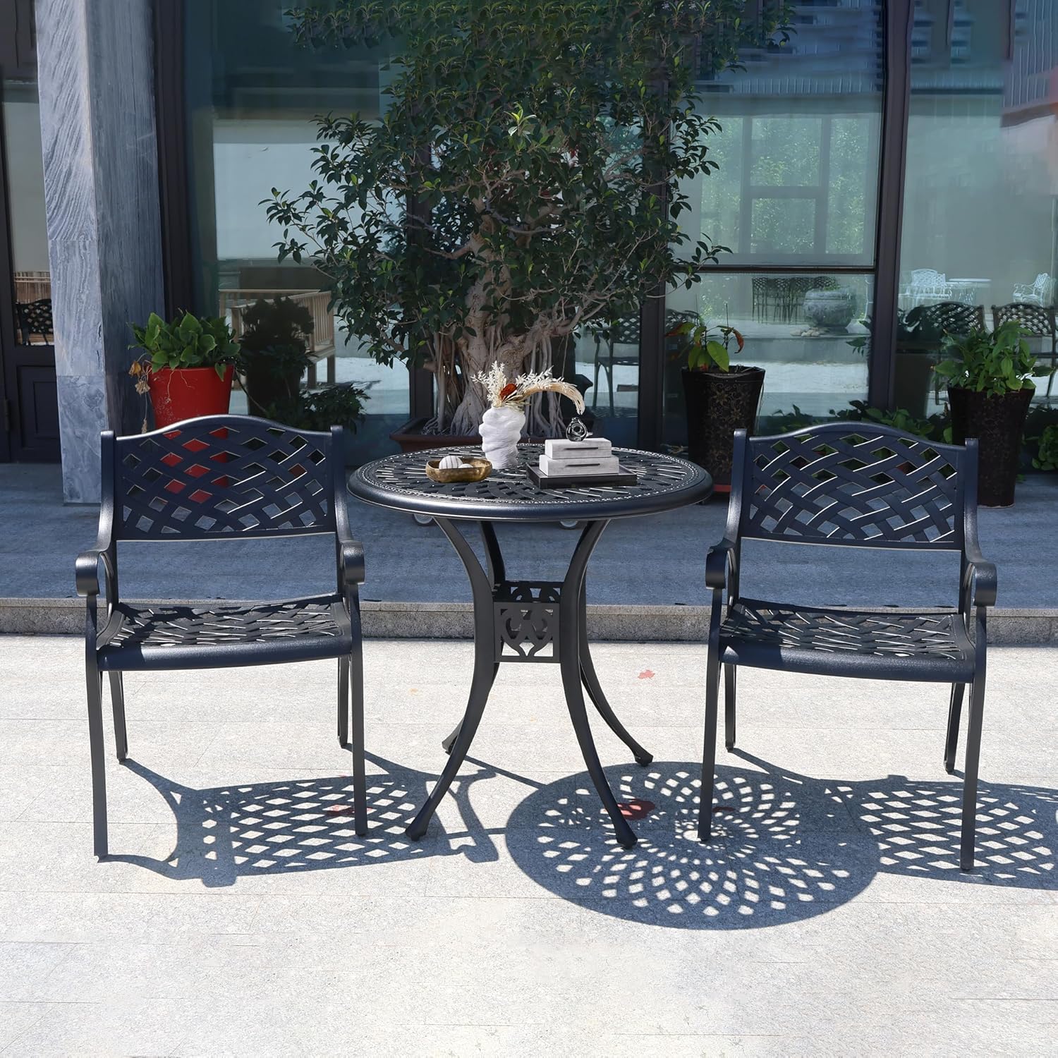 30.3 Inch Round Patio Table Cast Aluminum Patio Table,Metal Patio Dining Table with Umbrella Hole,All Weather Outdoor Bistro Dining Table for Backyard, Garden, Balcony, Black