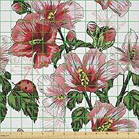 Vista 2 de Ambesonne The Yard, tela de mariquitas de The Yard, flores exóticas hibisco hawaiano follaje ilustración botánica flor de primavera, tela