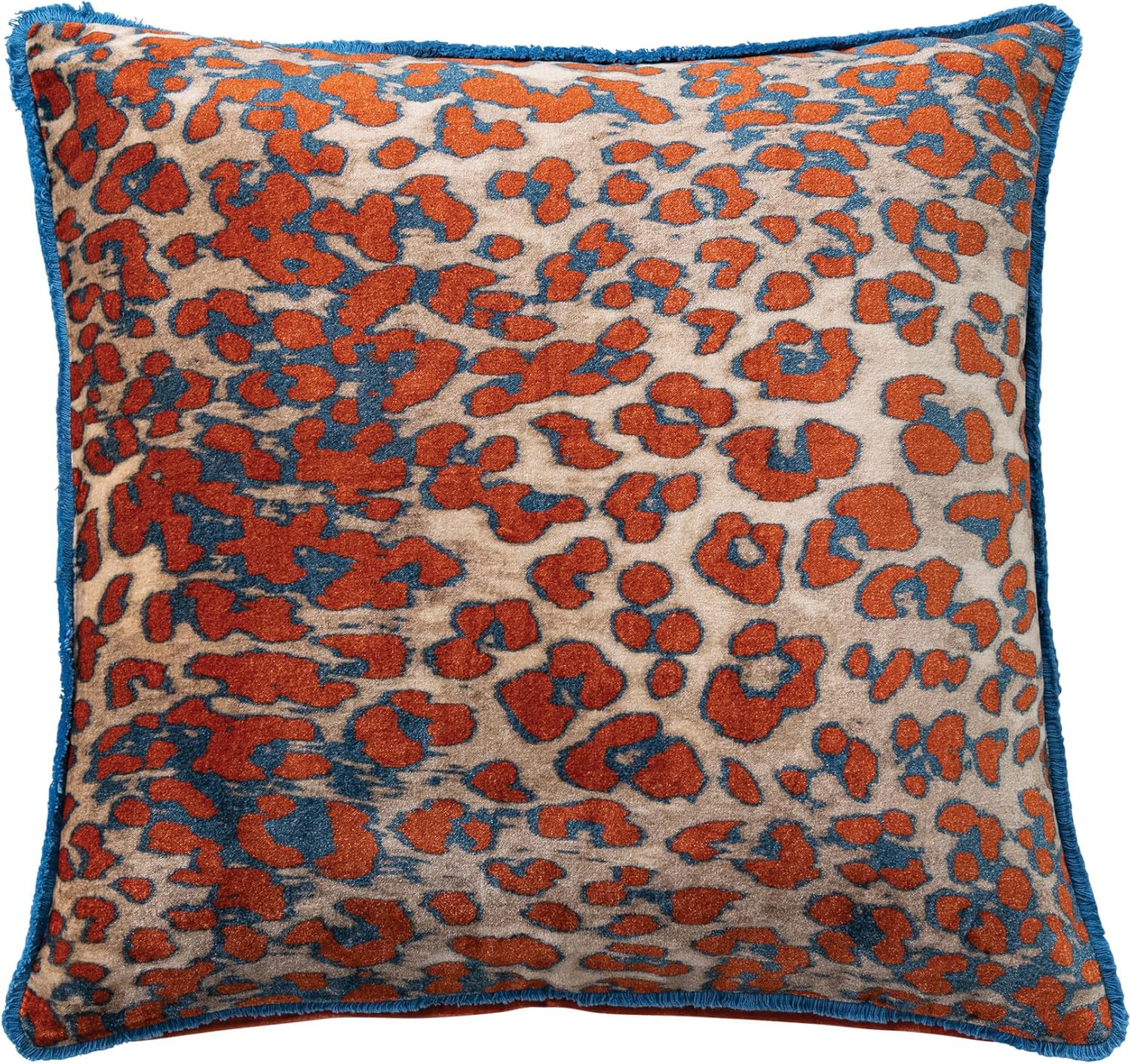 Creative Co-Op Cotton Velvet Printed Square Pillow with Leopard Print Pattern and Eyelash Fringe, Orange, Natural and Blue