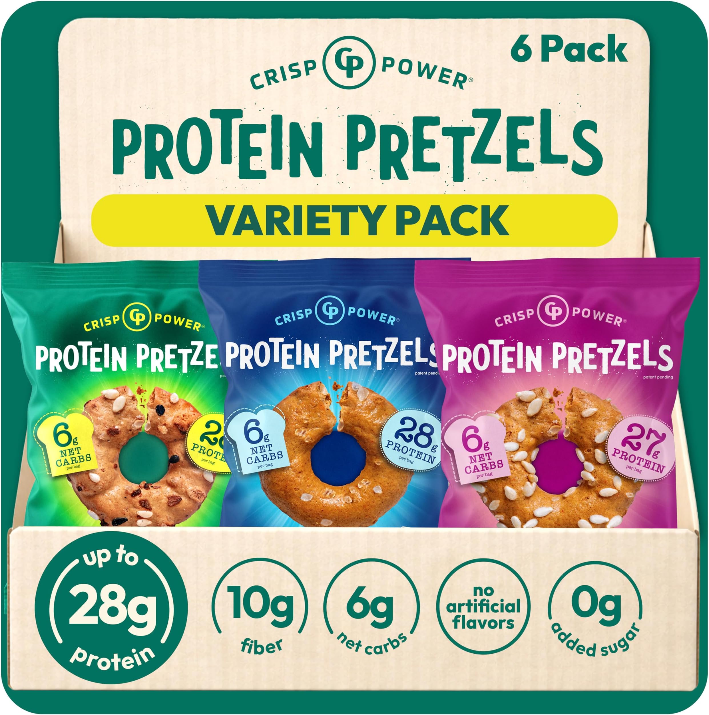 CRISP POWER Protein Pretzels, Variety Pack With Sea Salt, Sesame, & Everything, Up To 28G Protein, High Protein Snack, High Fiber, Low Carb Crunchy Pretzel Snacks, No Added Sugar, 1.75 oz Bags, 6 Pack