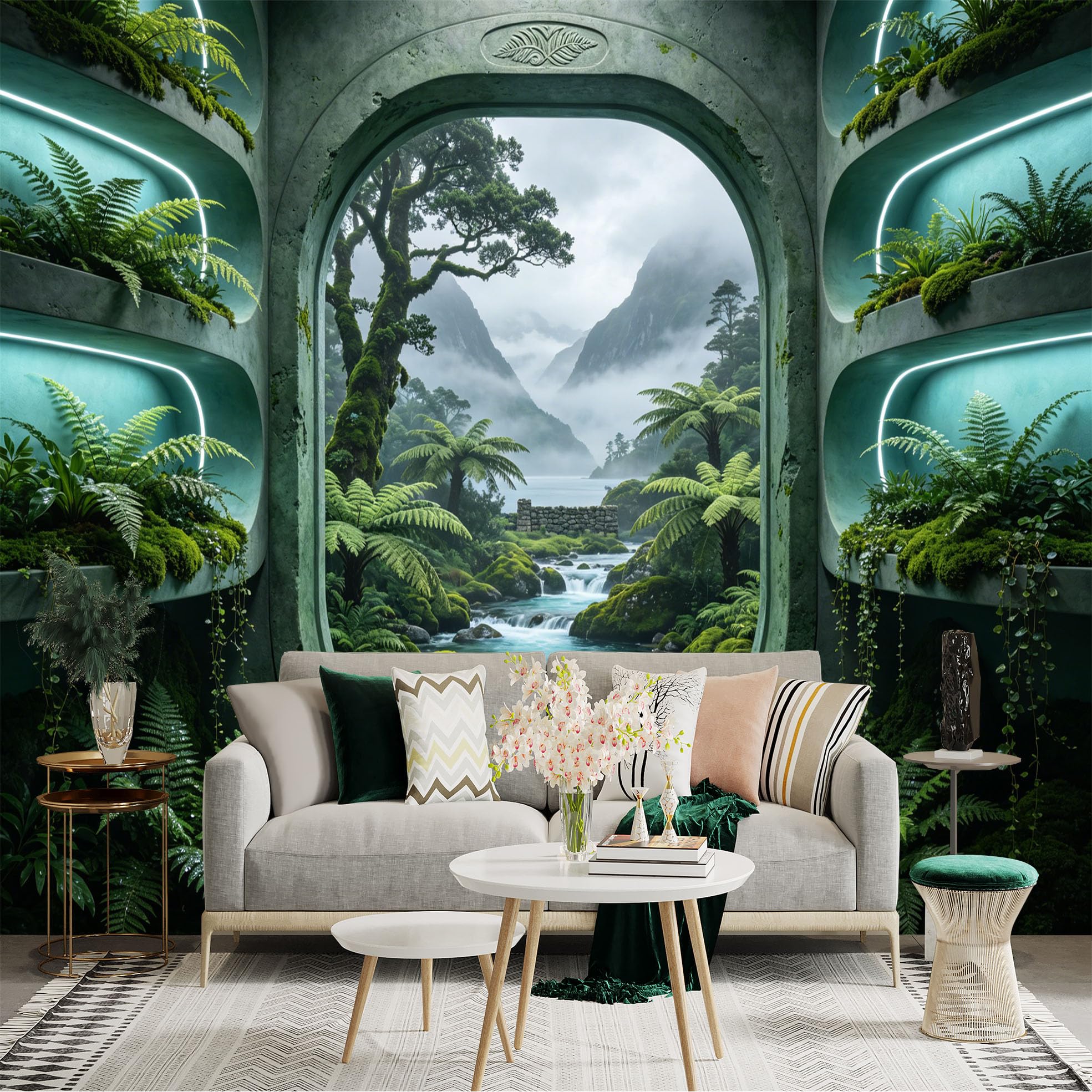 Custom Size Wall Sticker Mural， Futuristic Jungle View with Waterfall and Misty Mountains， for wall Decoration， peelandstick wall Decals.