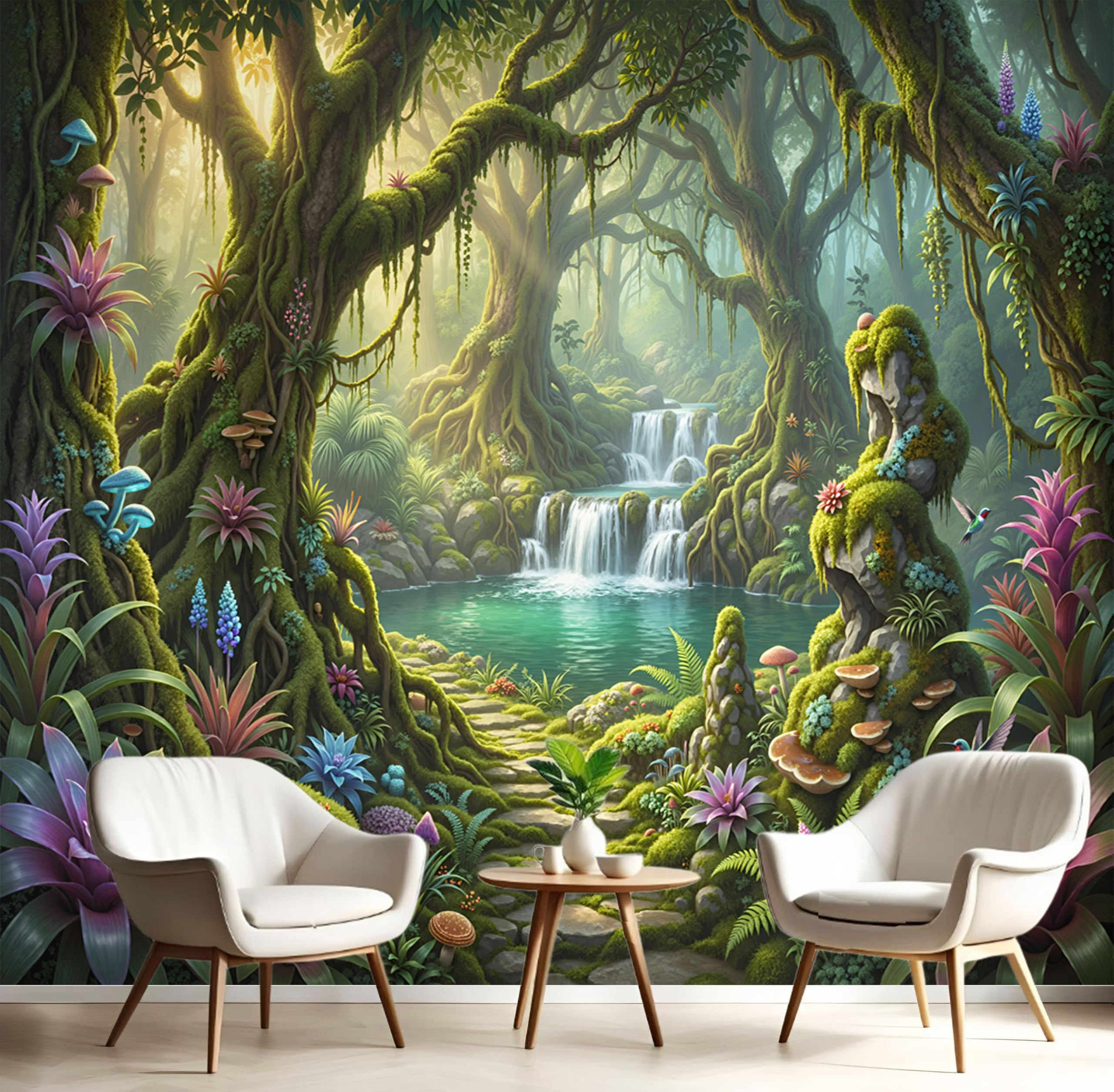 Papier peint panoramique pour agrandir un salon sombre paysage de forêt 3D