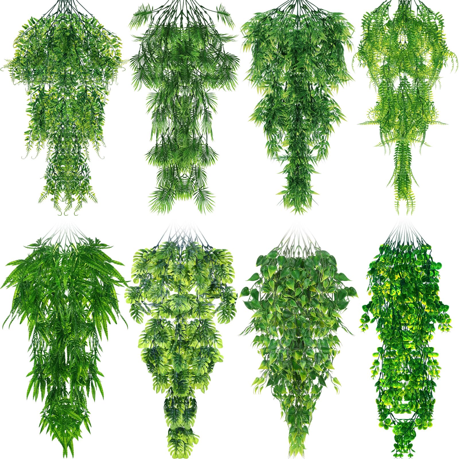 Suncalla 8 Pack Reptile Plants Terrarium Hanging Plant Vine Boston Climbing Terrarium Plant with Suction Cup for Bearded Dragons Lizard Crested Gecko Snake Crab Tank(Lush Series,Multiple Green)