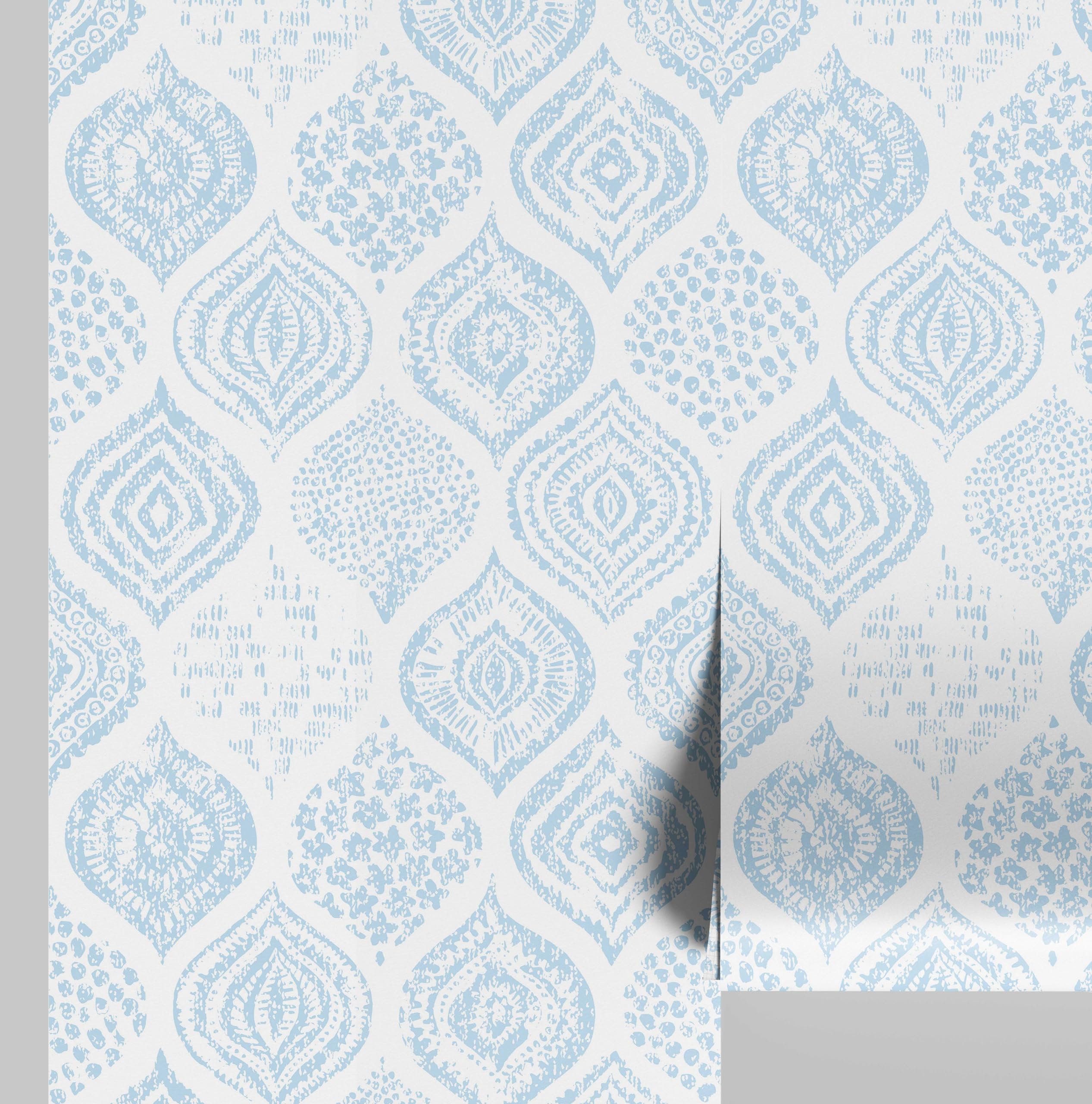 Vinyle amovible bleu et papier peint autocollant bohème pour rénovation murale rapide