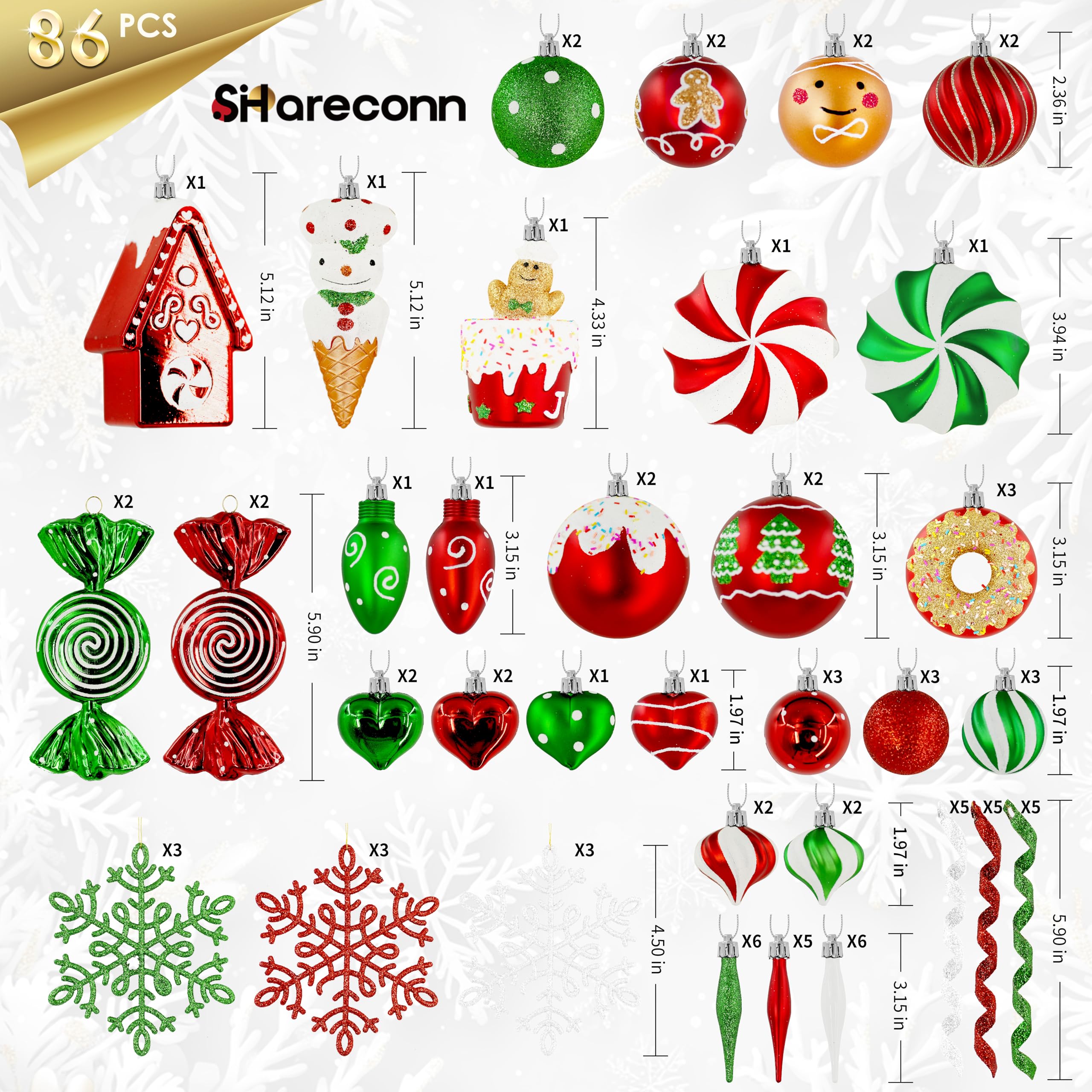 SHareconn 86pcs Albero di Natale Palle Ornamenti, Palline Decorative In Plastica Infrangibile per Decorazioni Albero di Natale, Decorazione Festa di Nozze Di Vacanza, Rosso & Verde, Bianco