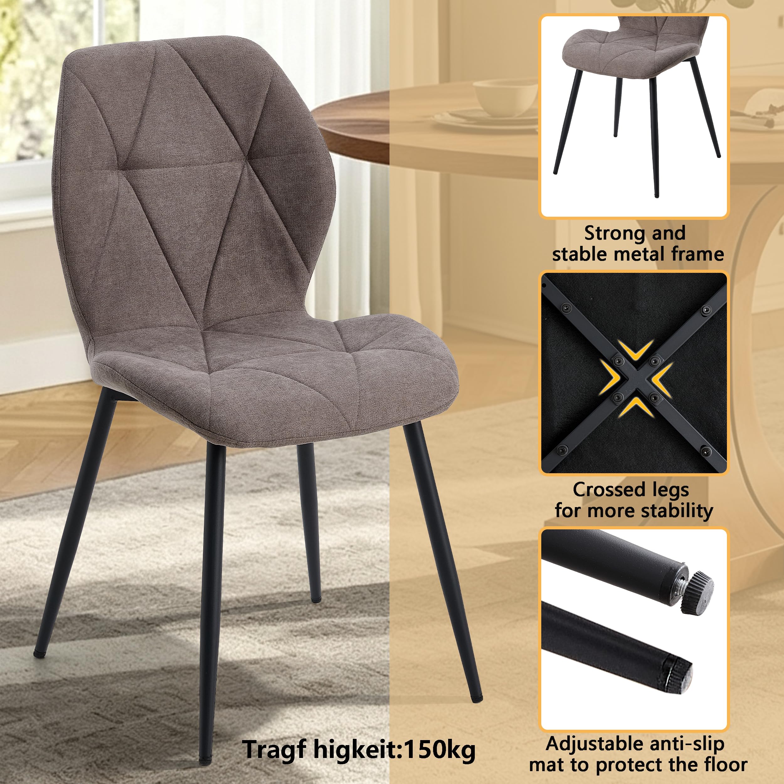 Juego de Mesa y Sillas de Comedor, Mesa de Comedor Redonda de 100 * 100 * 76.5 cm y 4 Sillas Modernas de Lino, para Comedor, Cocina, Sala de Estar, Textura Oscura + Marrón