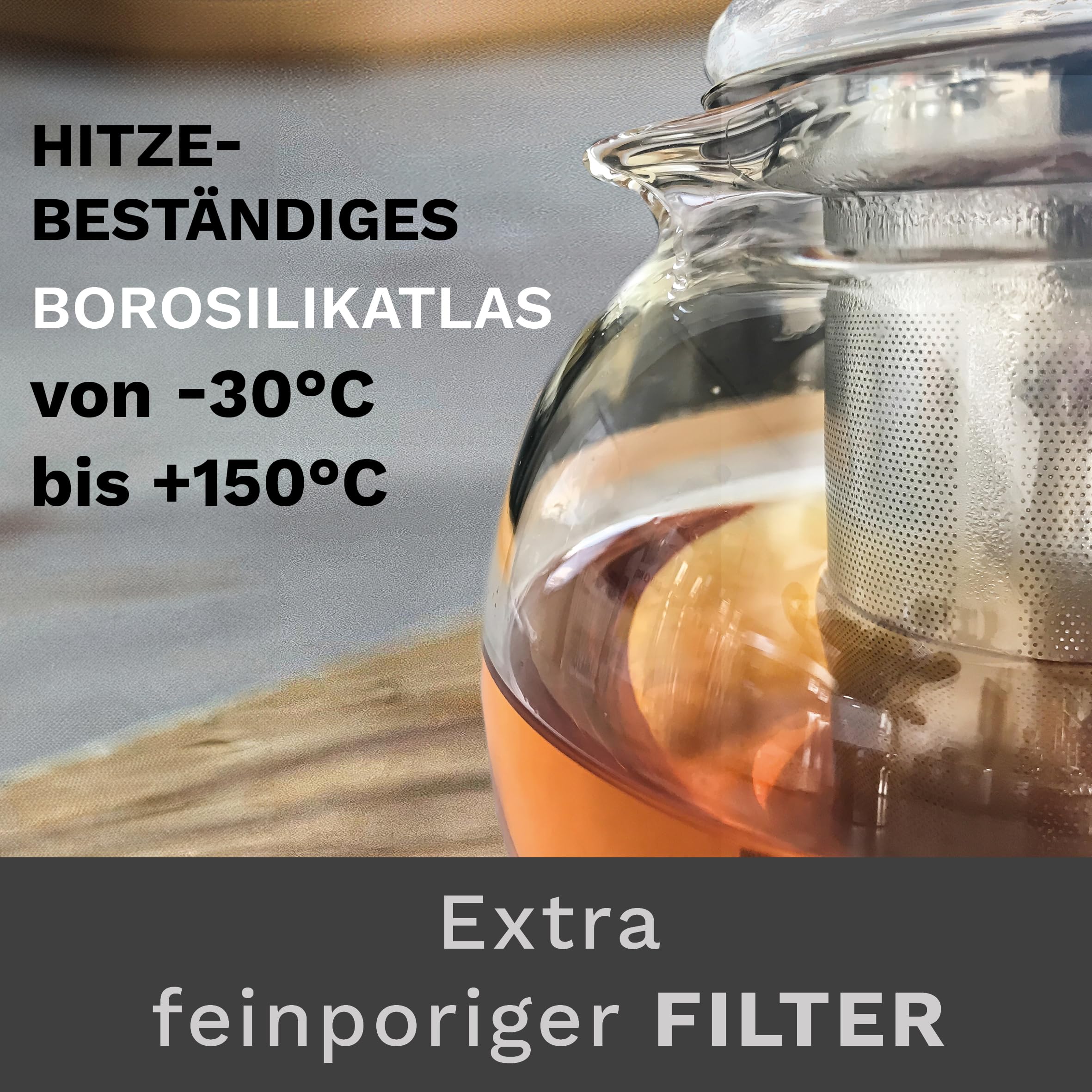 Creano Teekanne aus Glas 1,7l, 3-teilige Glasteekanne mit integriertem Edelstahl Sieb und Glasdeckel, ideal zur Zubereitung von losen Tees, tropffrei, All-in-one
