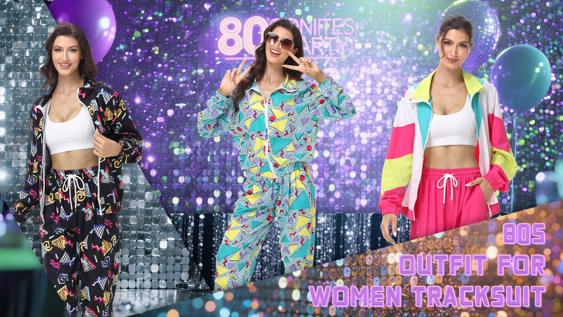 80s 90s Outfit for Women - 2 Piece Neon Color Block Long Sleeve